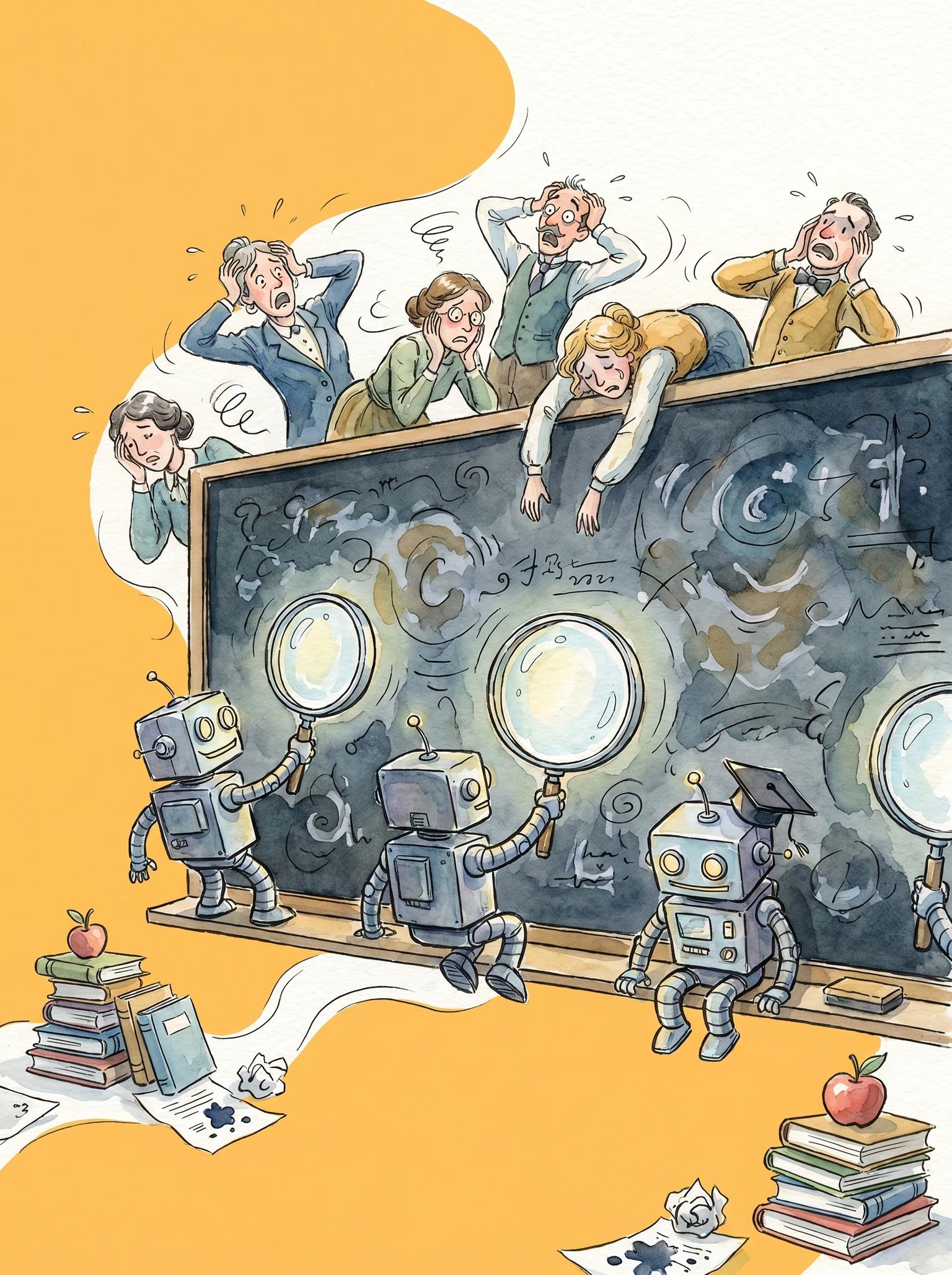 tiny teachers panicking as tiny Meta robots read their search history on a giant blackboard