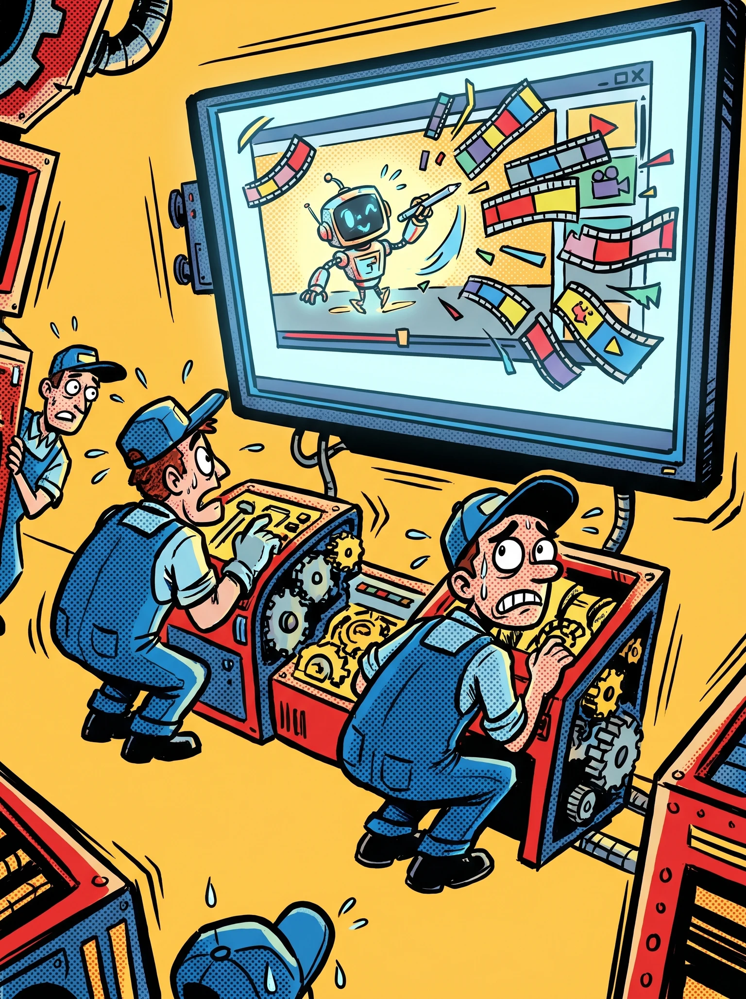 tiny factory workers nervously watching a tiny AI assistant editing video on a large screen