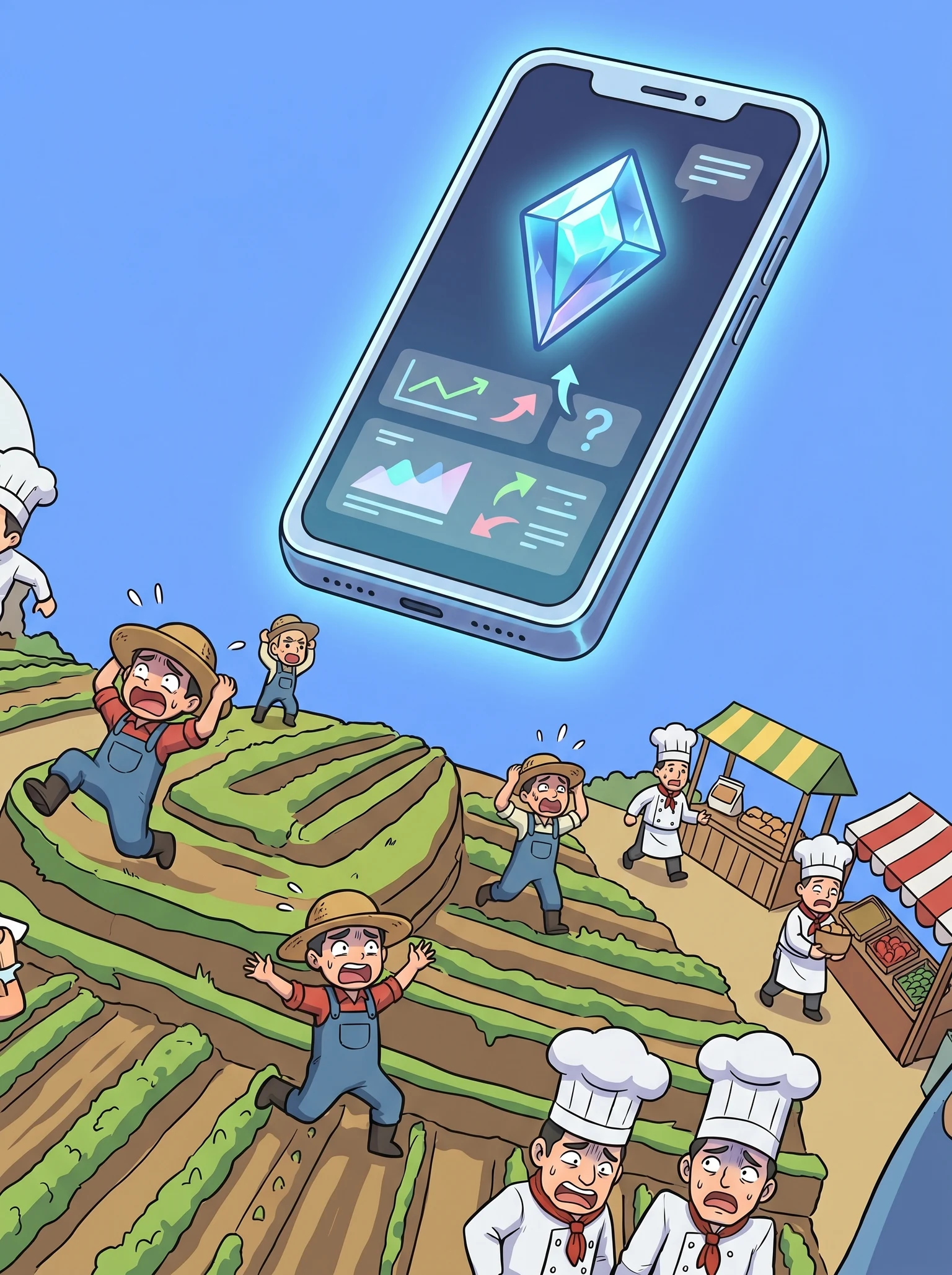 agricultores diminutos y chefs en pánico mientras un smartphone gigante con la app Gemini flota sobre ellos, sugiriendo cambios de precios y horarios festivos