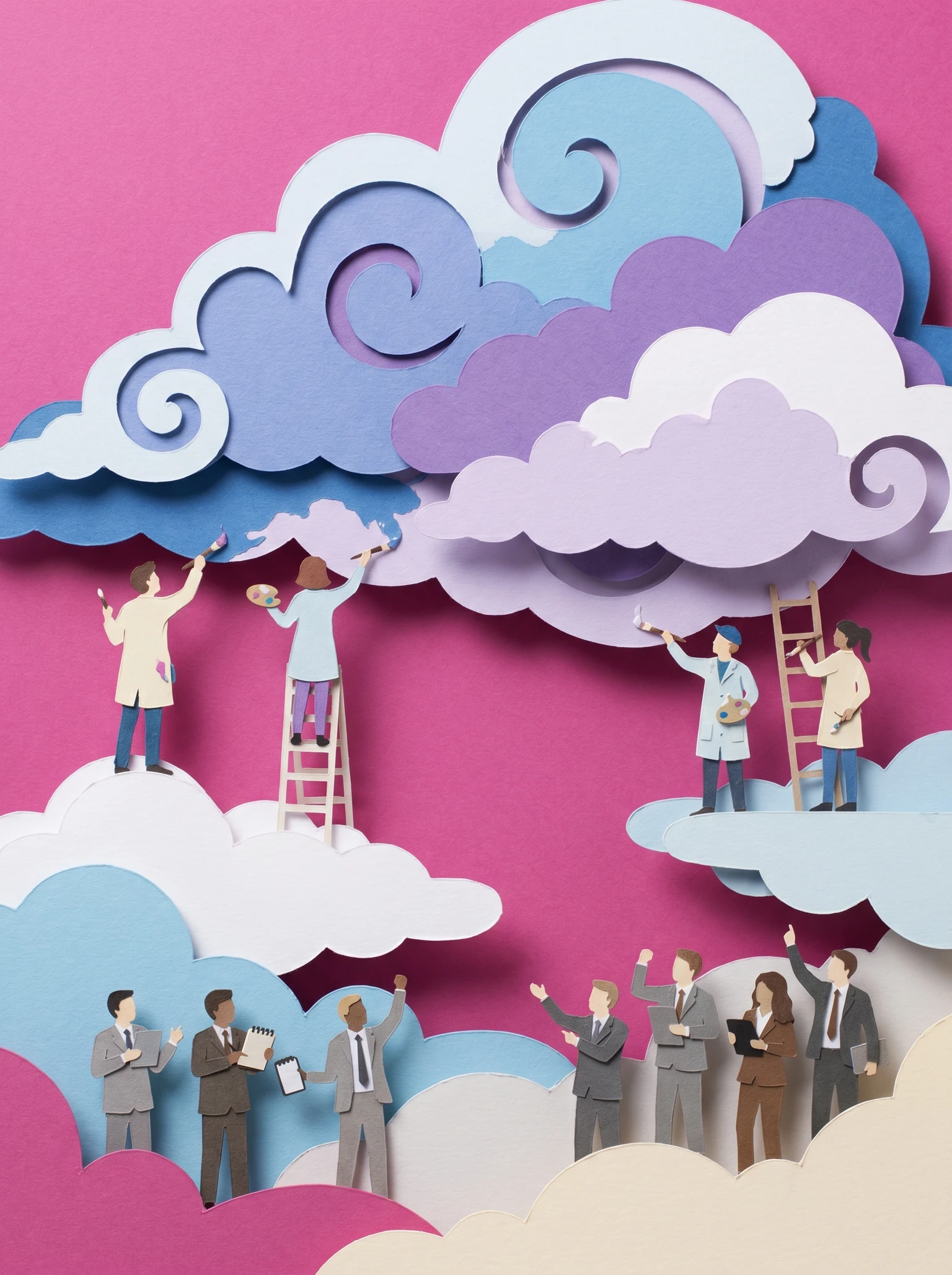 tiny artists painting giant clouds while tiny tech executives cheer and take notes