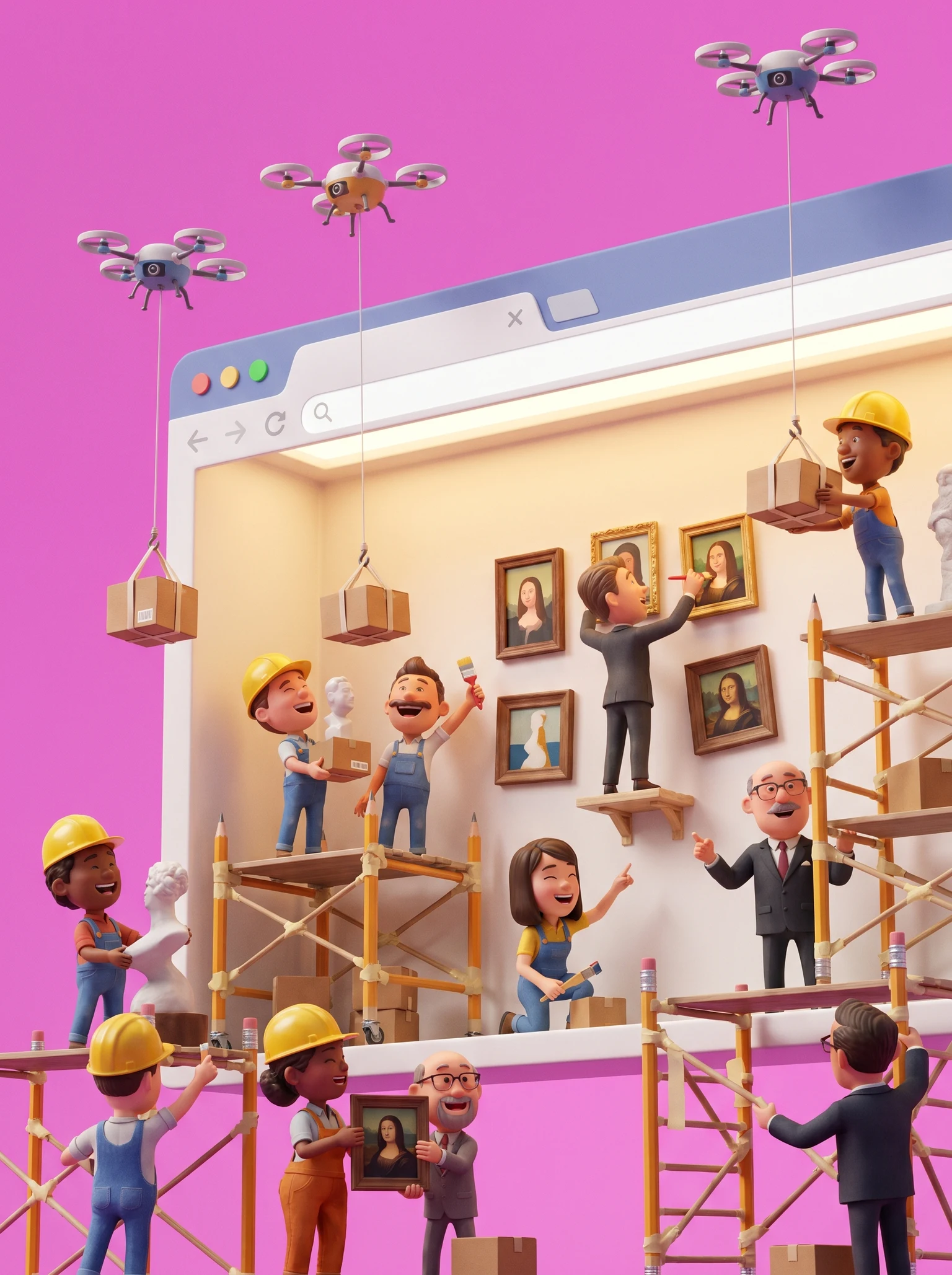tiny artists and curators setting up galleries inside a giant Pinterest browser window