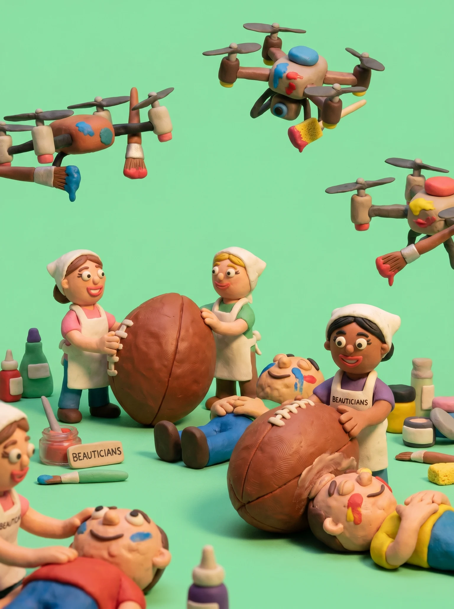 tiny beauticians using footballs as skincare tools while tiny drones apply makeup