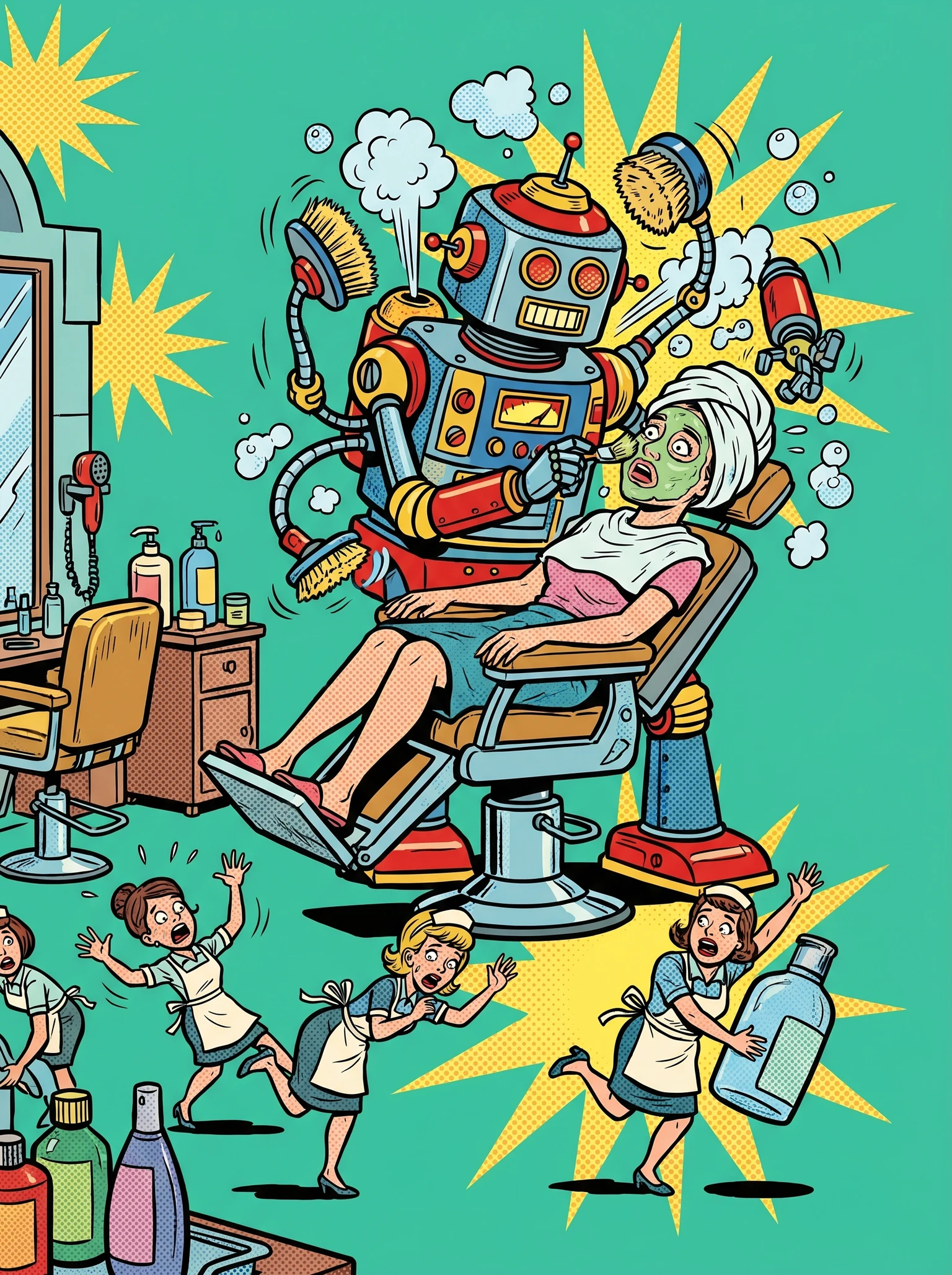 tiny beauty salon employees panicking as a robot gives a facial treatment to a customer