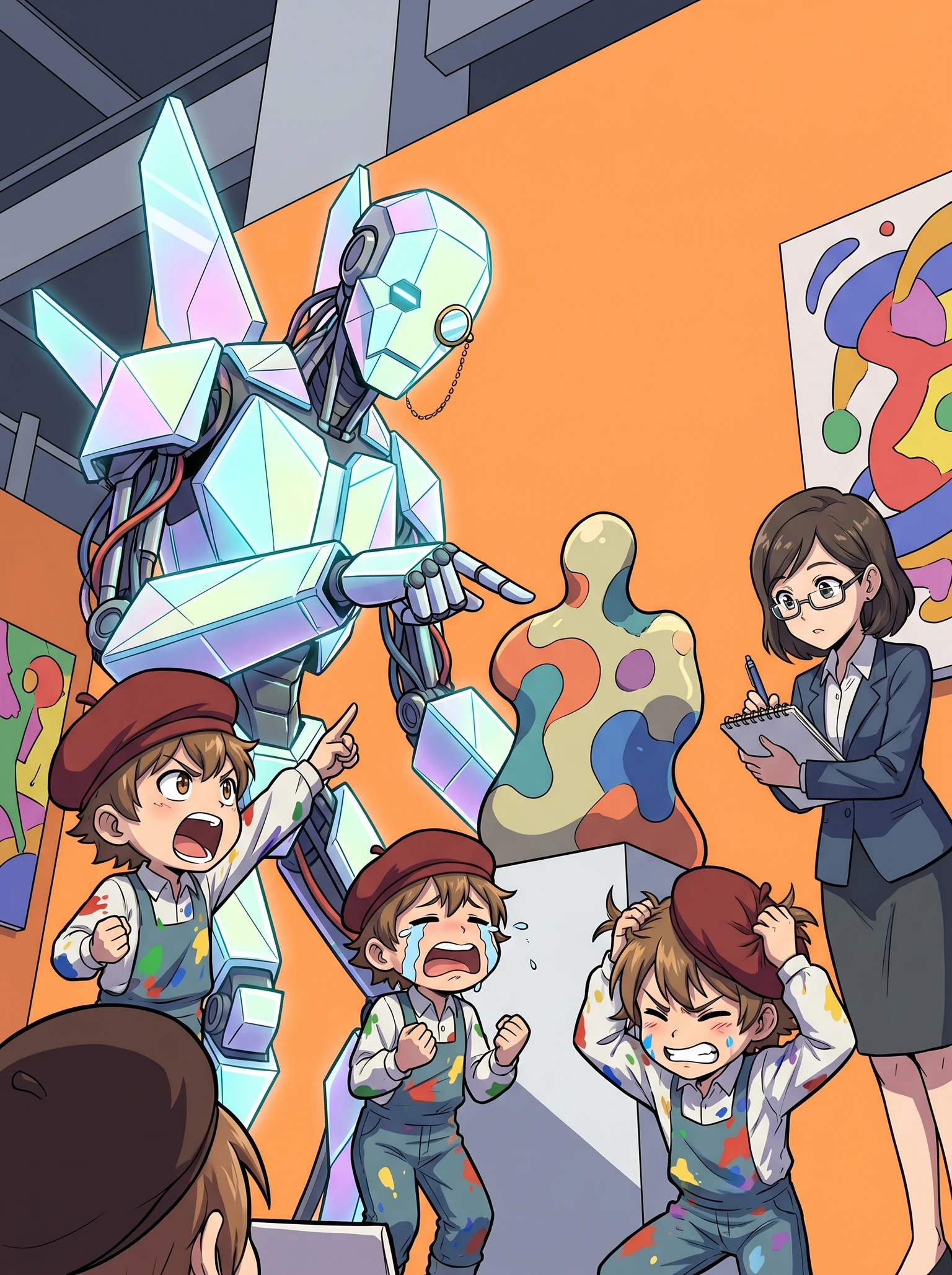 Tiny artists in a gallery arguing with an AI robot about the meaning of abstract art while a curator takes notes.