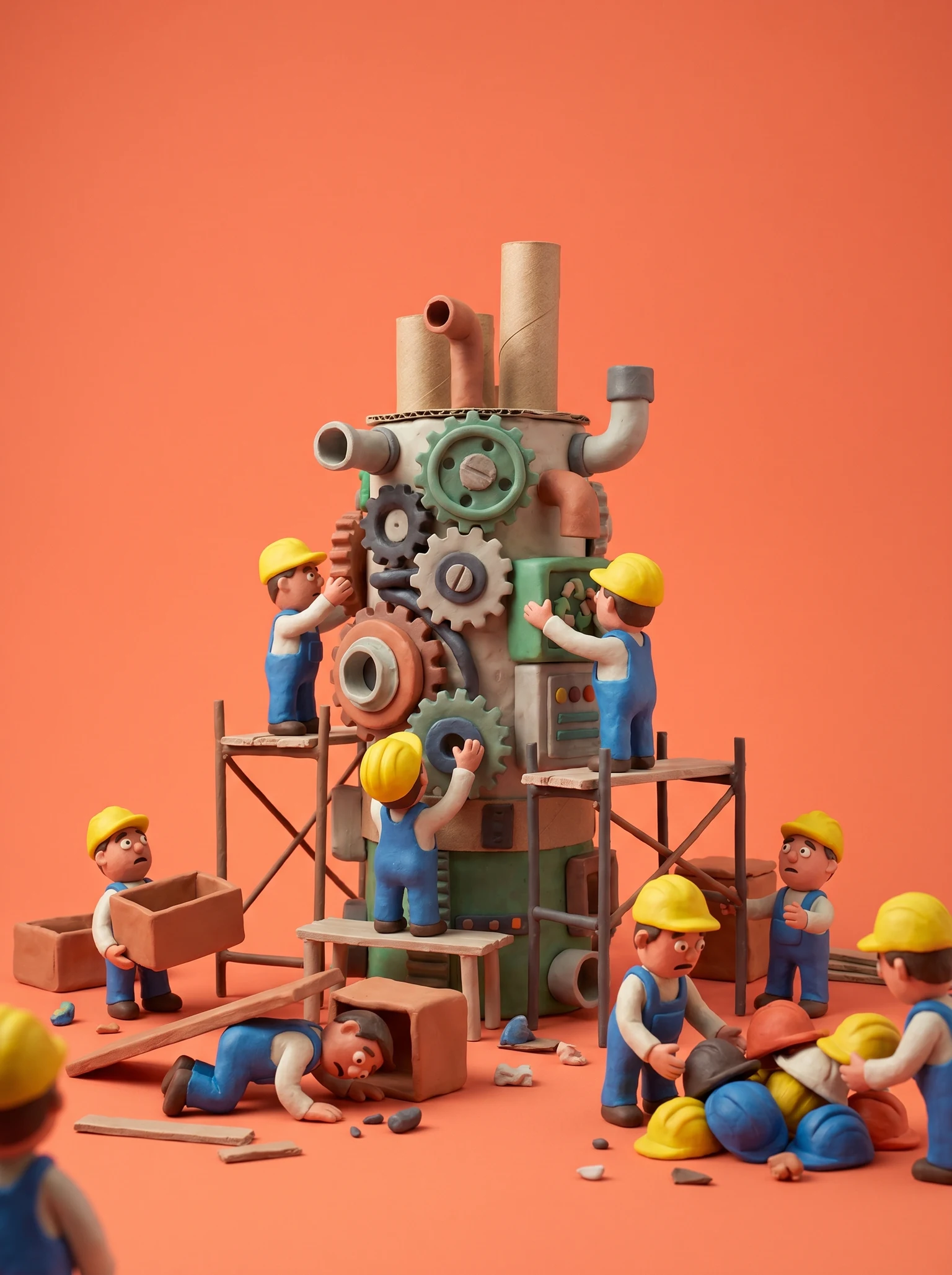 tiny construction workers building a giant recycling machine while others frantically look for their hard hats