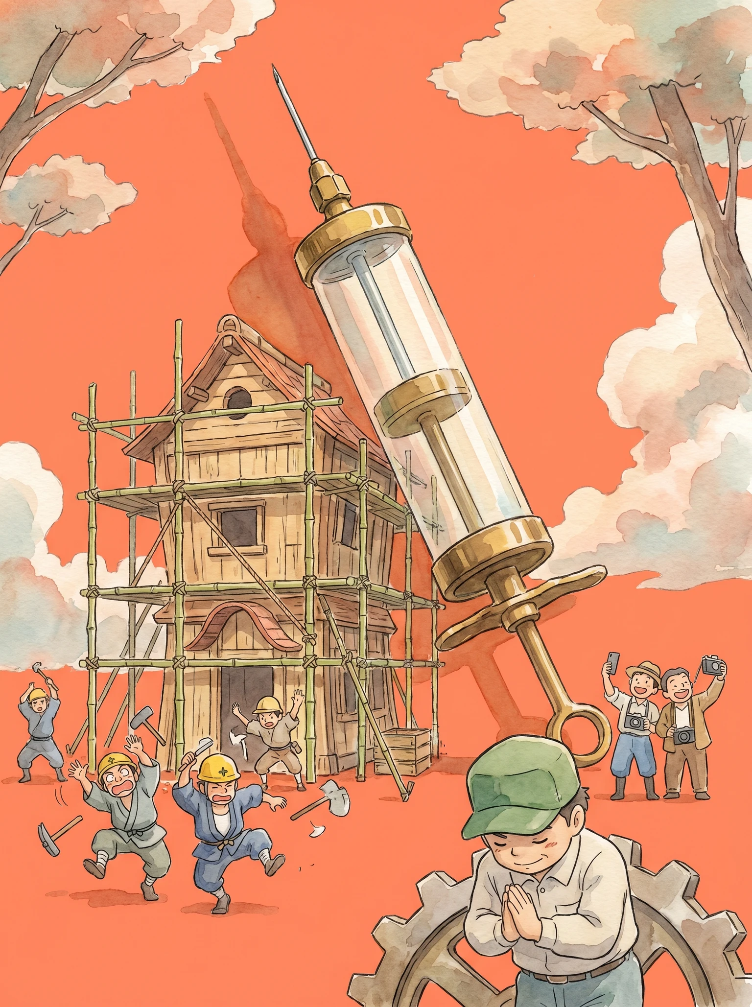 pequeños trabajadores de construcción entrando en pánico ante un enorme dispositivo médico sobre un edificio a medio construir, mientras un pequeño ingeniero adora el dispositivo y otros se toman selfies con él