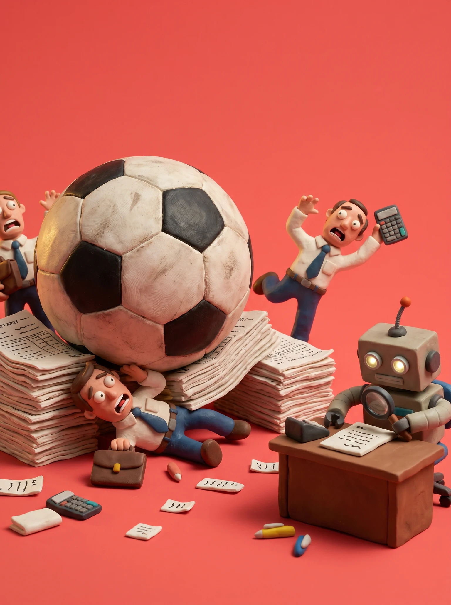 Tiny accountants panicking as a giant soccer ball crushes their paperwork while a small robot analyzes their tax reports.