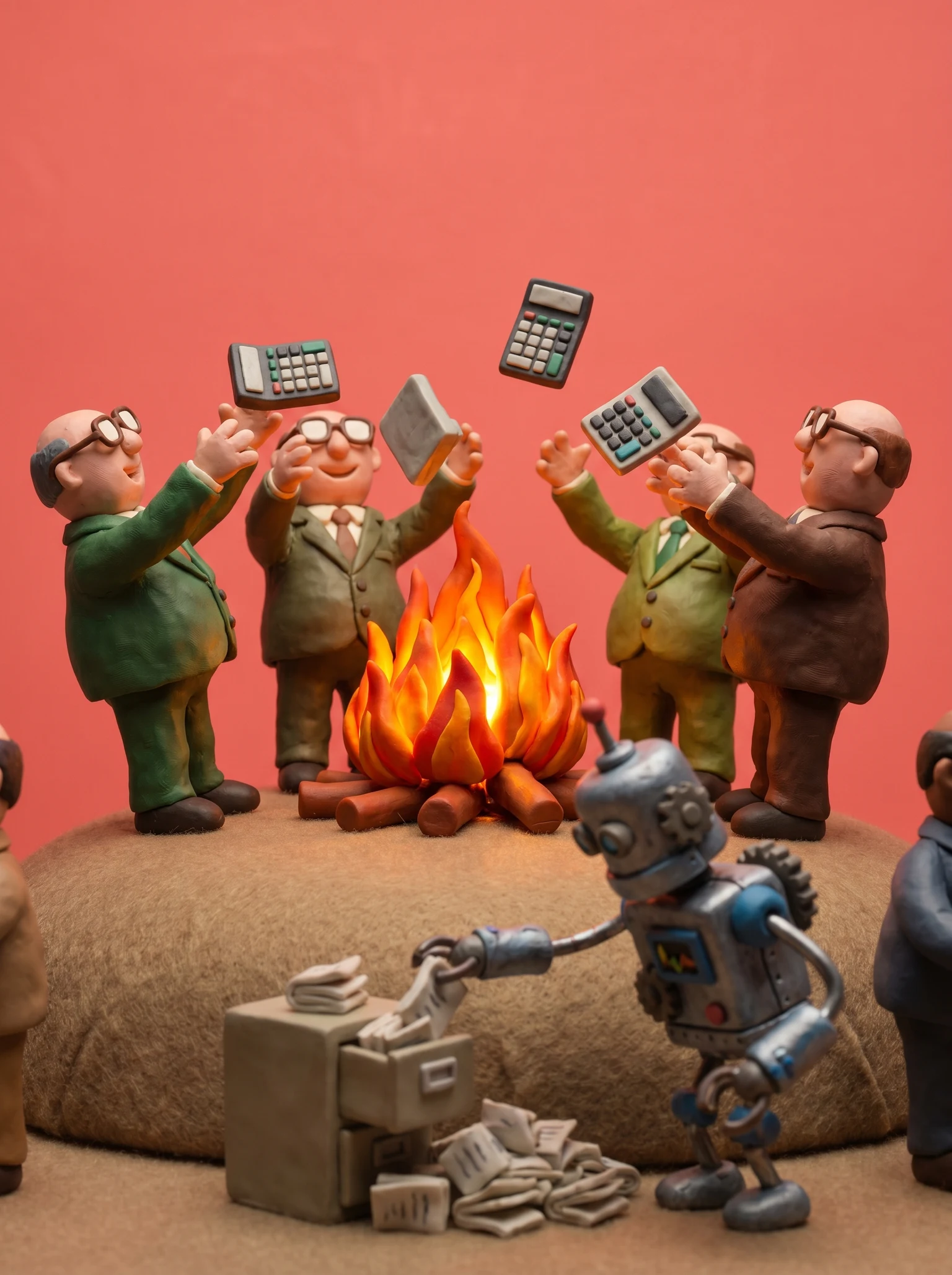Tiny accountants throwing calculators into a bonfire while a small robot files their tax reports.