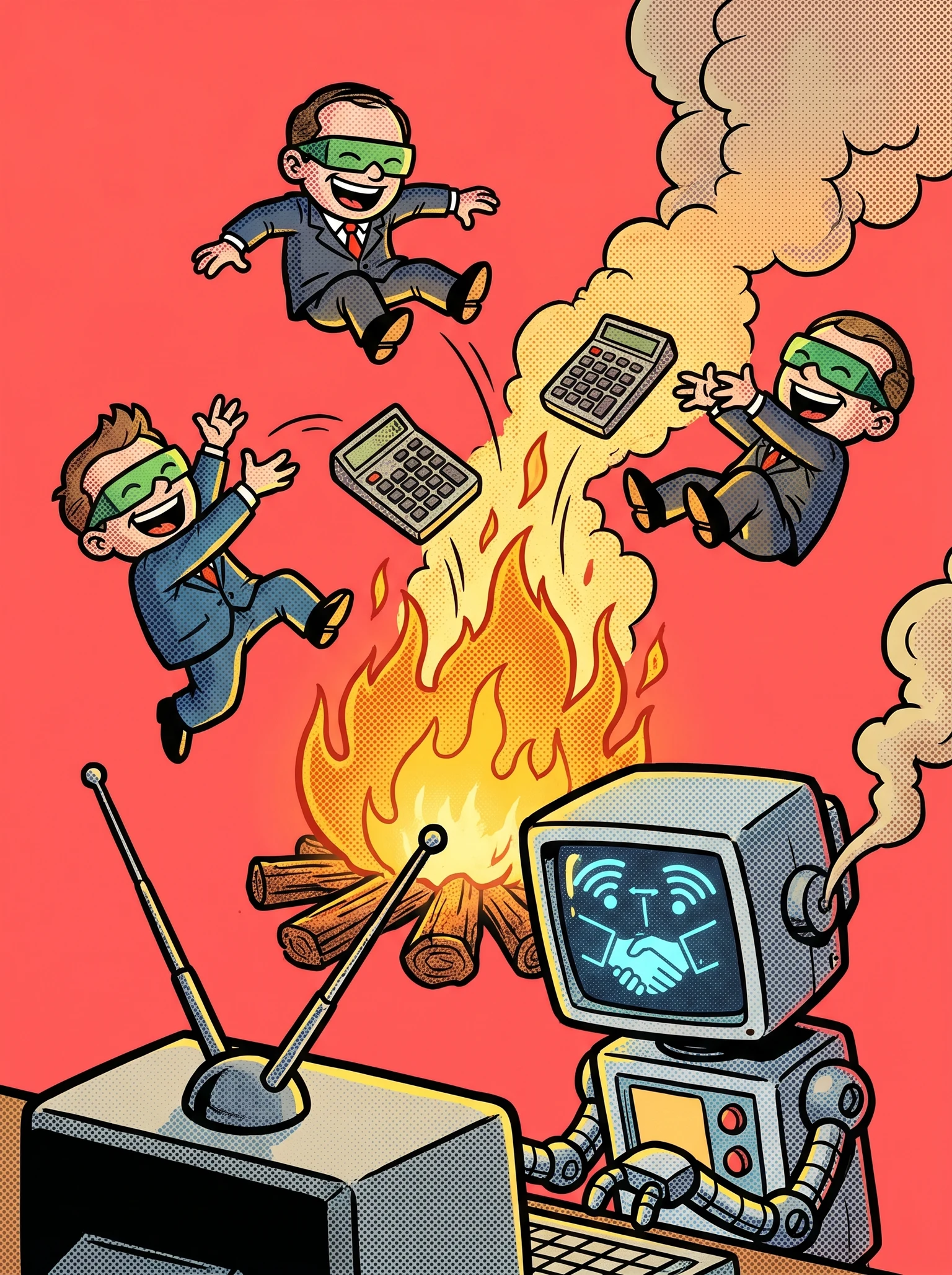 Tiny accountants throwing calculators into a bonfire while a small robot manages B2B partnerships on LinkedIn.