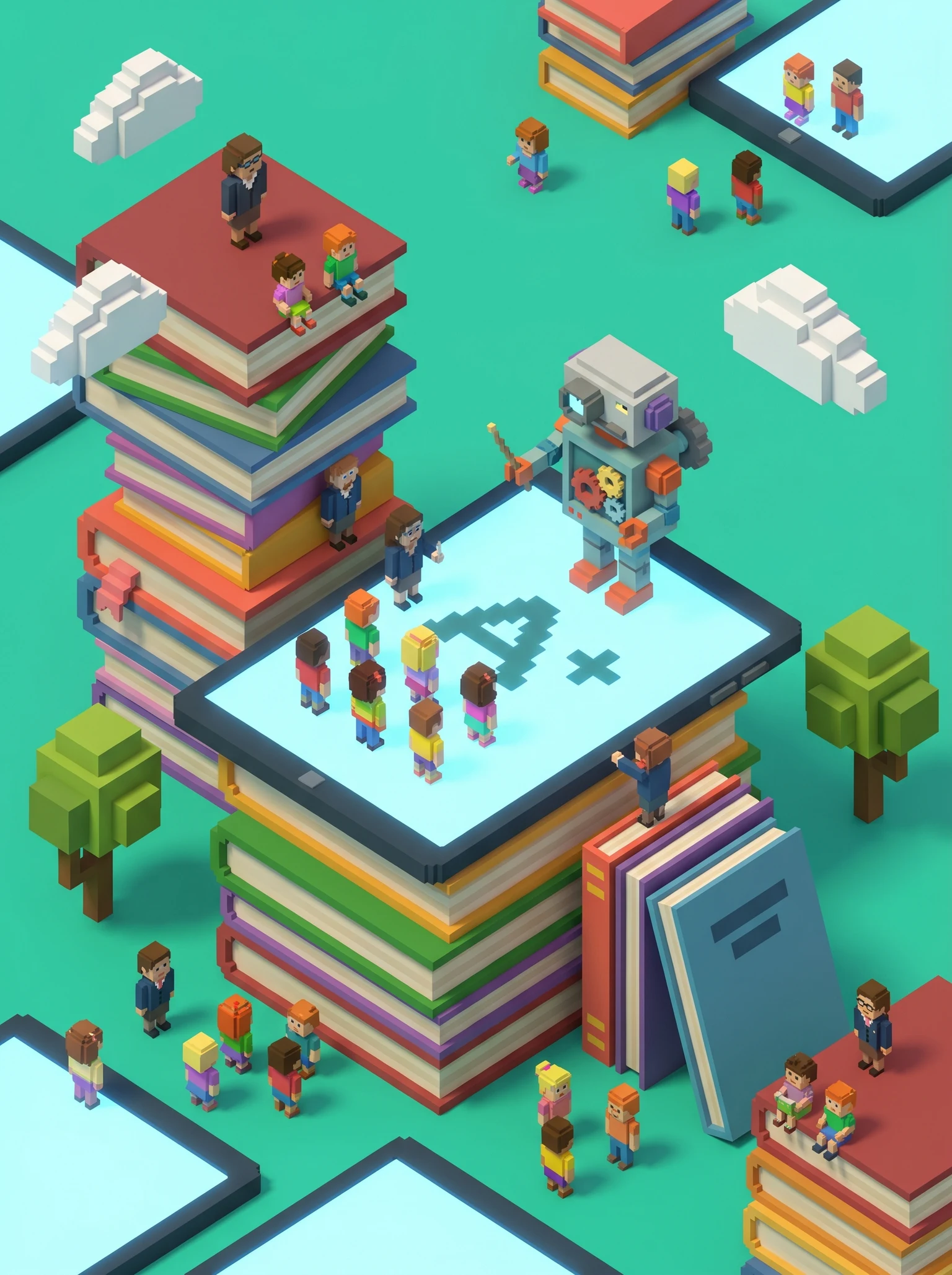 tiny teachers and students climbing on stacks of books and tablets, with a robot leading a class