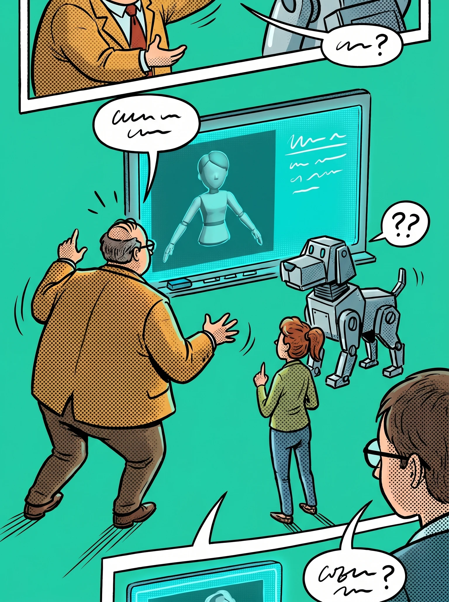 Tiny teachers debating with a robot dog over a 3D avatar in a classroom.