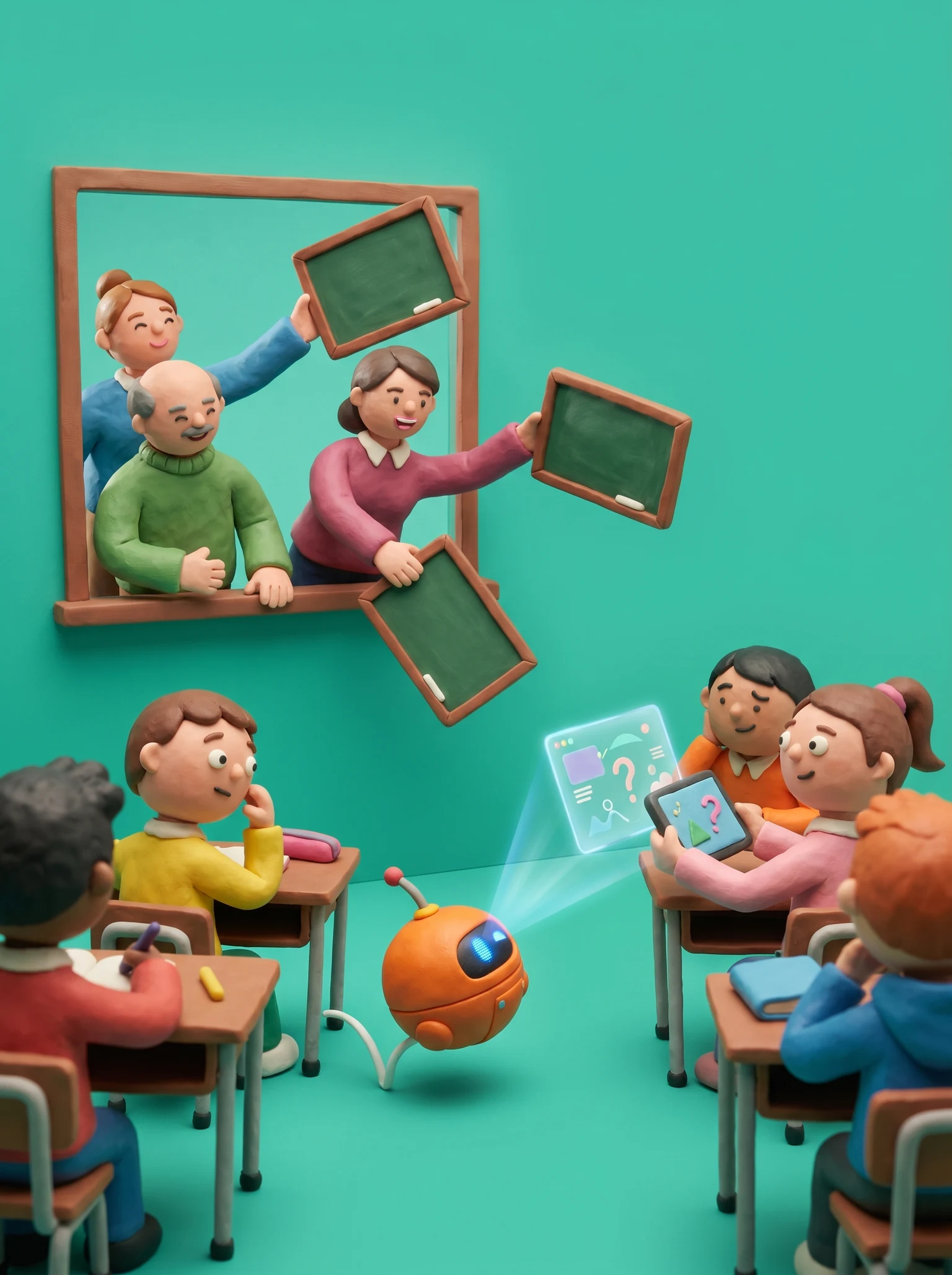 pequenos professores em uma sala de aula jogando quadros negros tradicionais pela janela enquanto uma pequena bola robótica movida por IA salta em volta, oferecendo lições digitais e questionários aos alunos.
