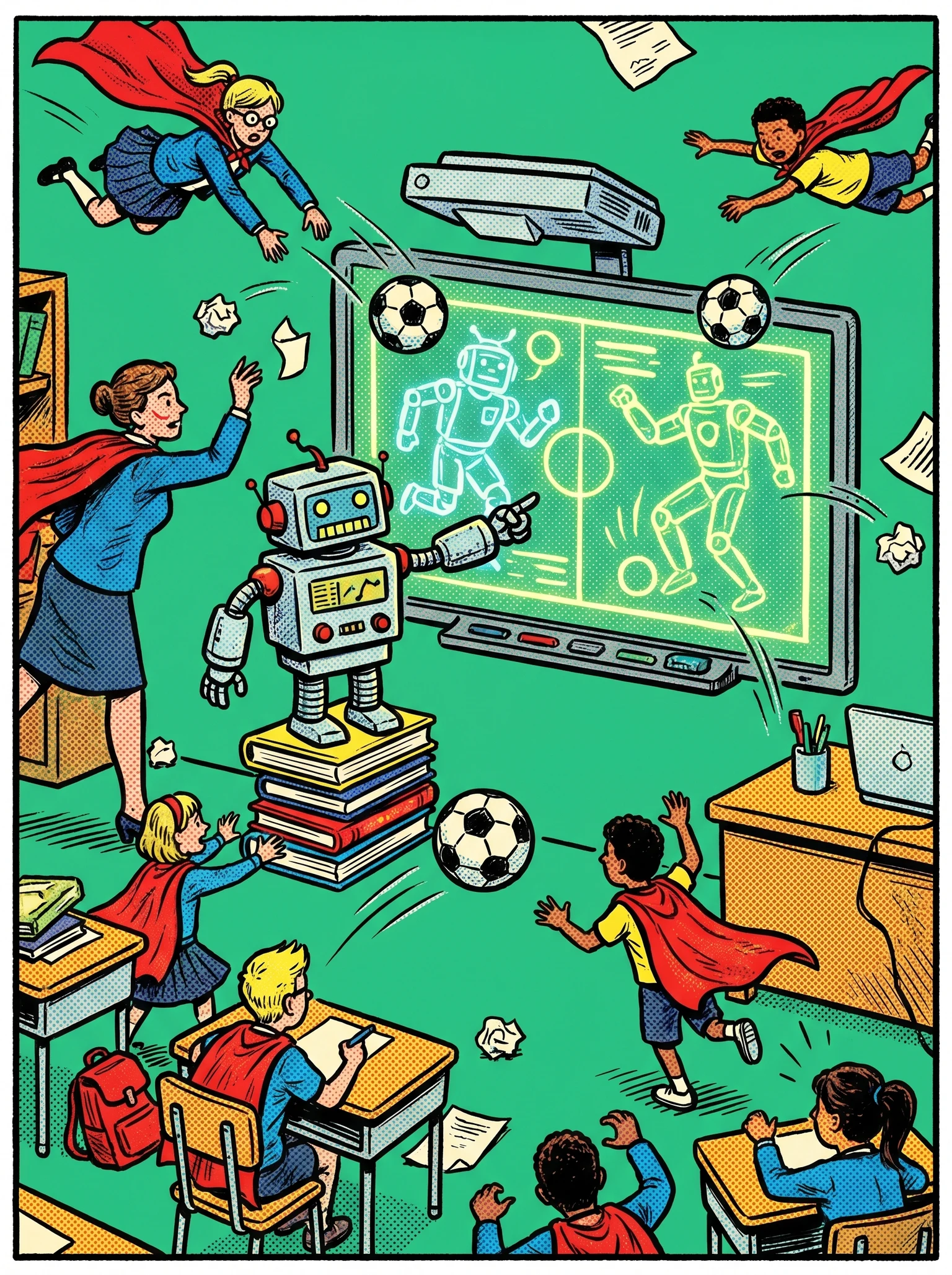 Tiny teachers and students in a classroom throwing soccer balls at a smartboard while a small robot explains artificial intelligence applications in sports.