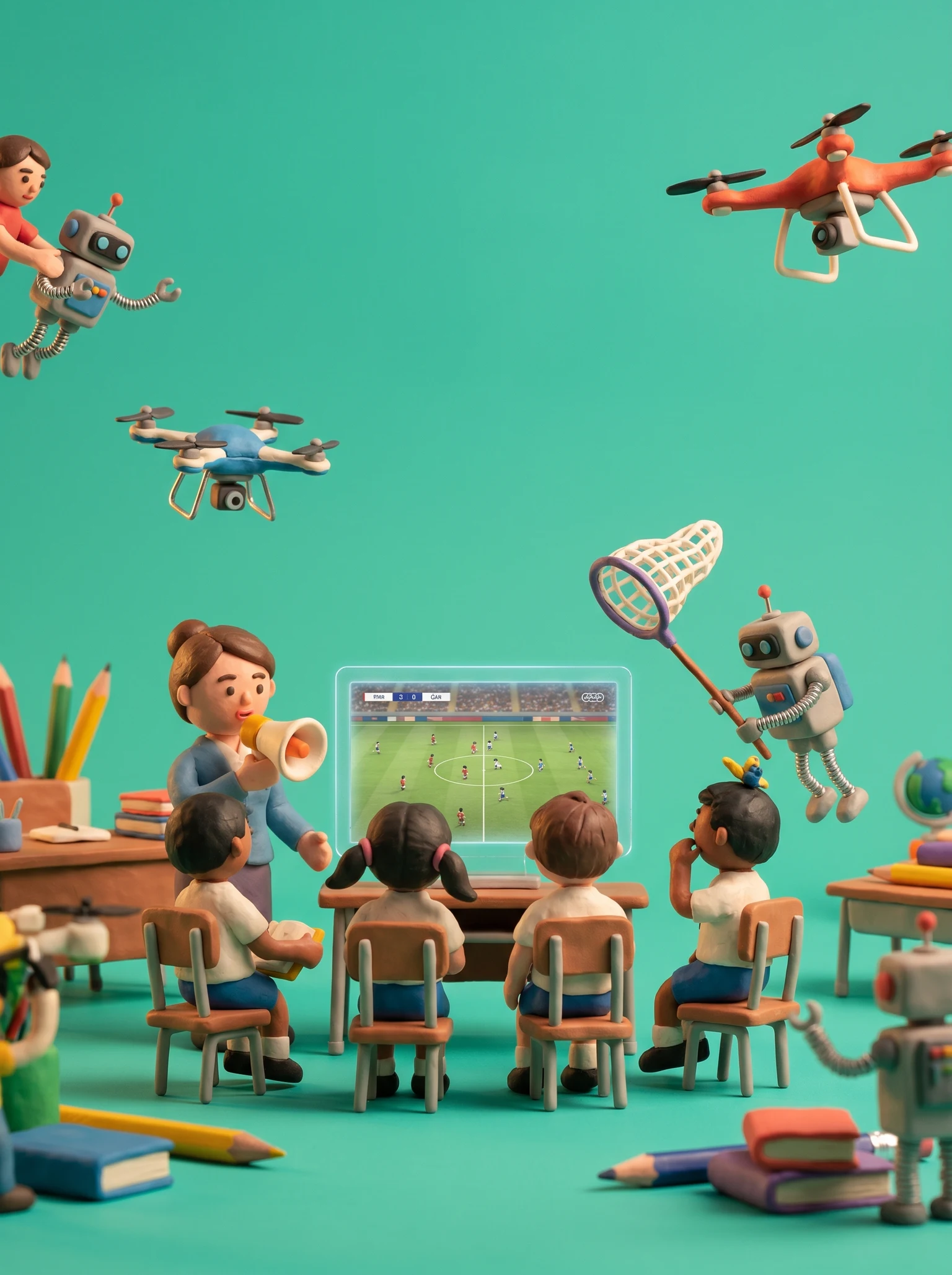 tiny teachers and students in a classroom setting, watching a soccer match on a futuristic screen while drones and mini robots assist in managing the classroom chaos