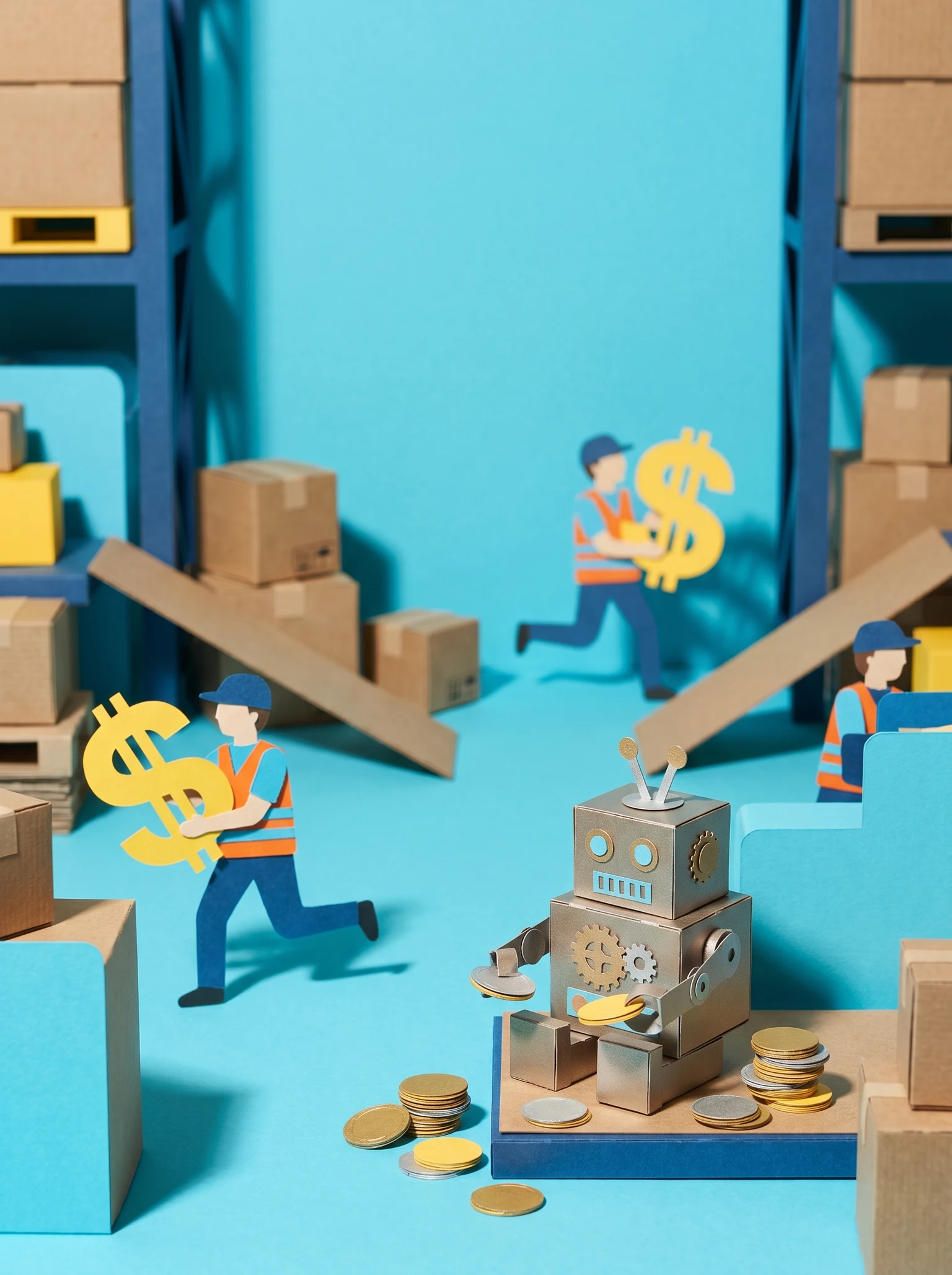 tiny warehouse workers running around with dollar signs, while a small AI robot counts coins