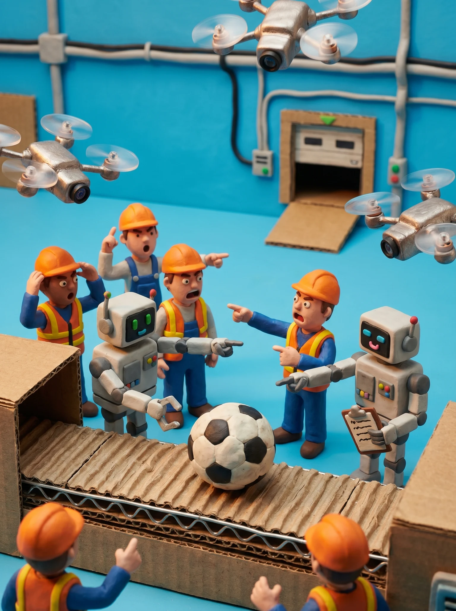 Tiny logistics workers arguing with mini AI robots about loading a soccer ball onto a conveyor belt, while tiny drones buzz around filming the debate.