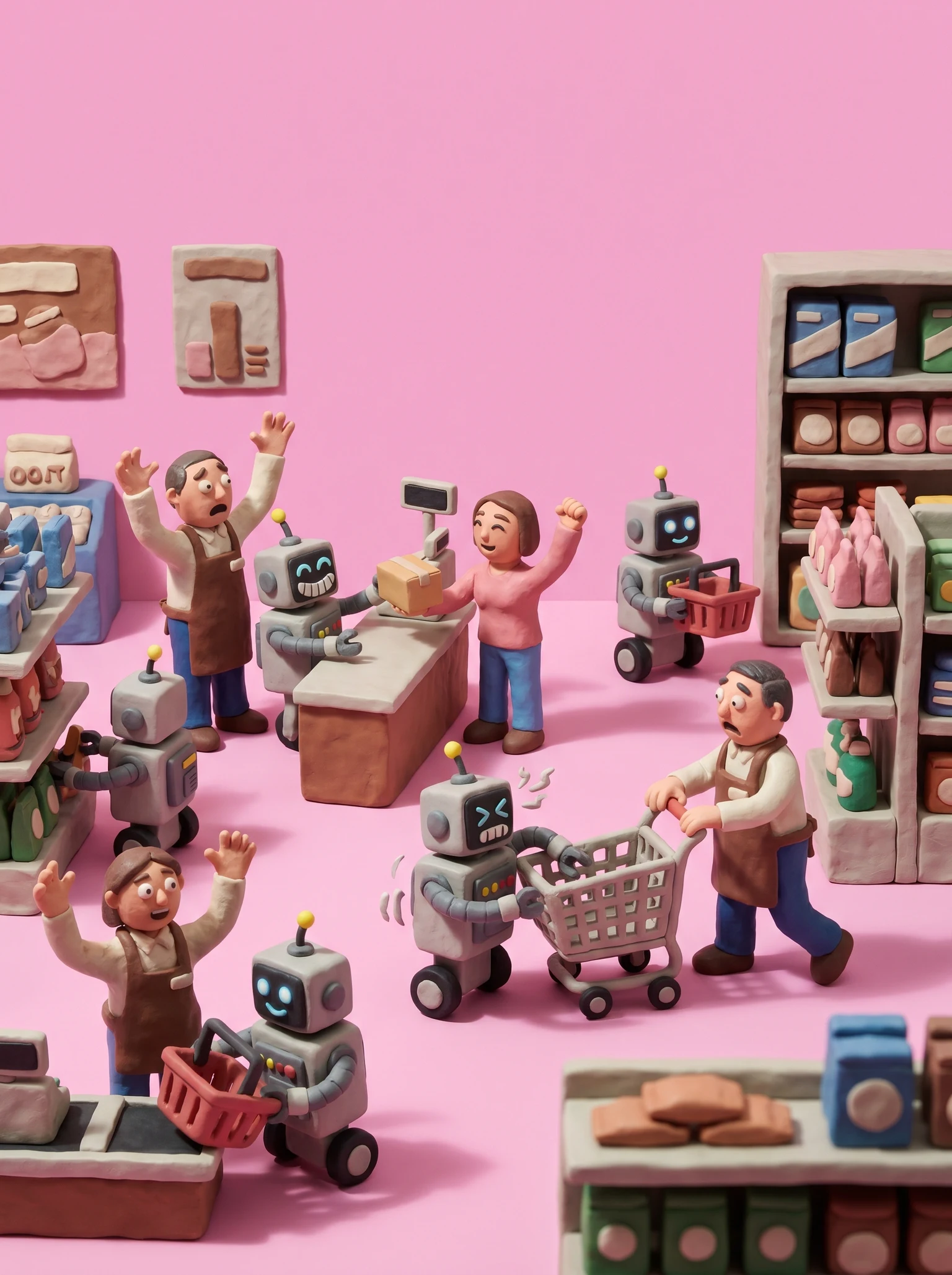 tiny retail store owners panicking as tiny AI robots take over customer service; some are cheering, others sabotaging the robots with shopping carts