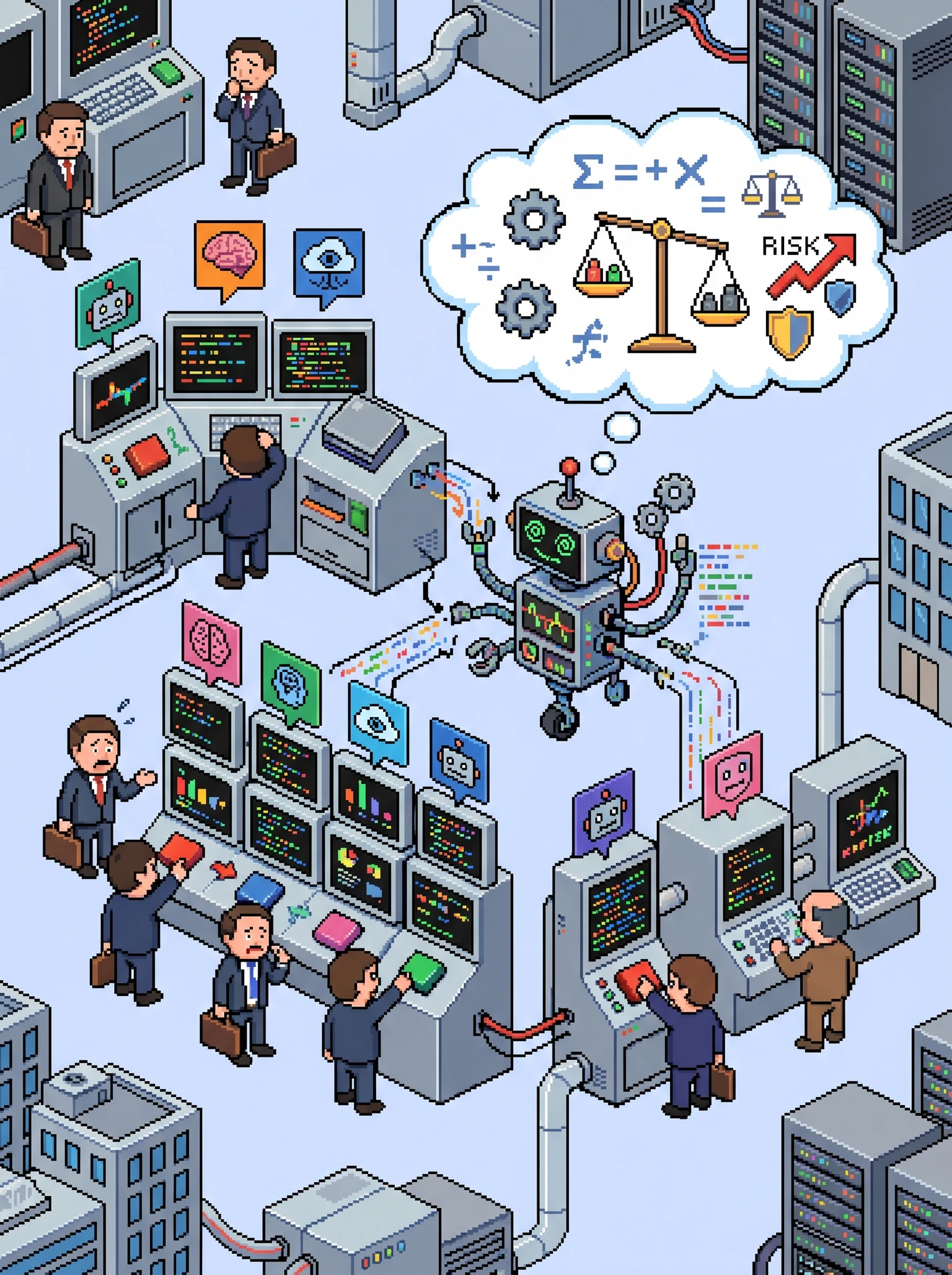tiny bankers and insurance agents anxiously comparing subscription AI services while a small robot calculates risks for them