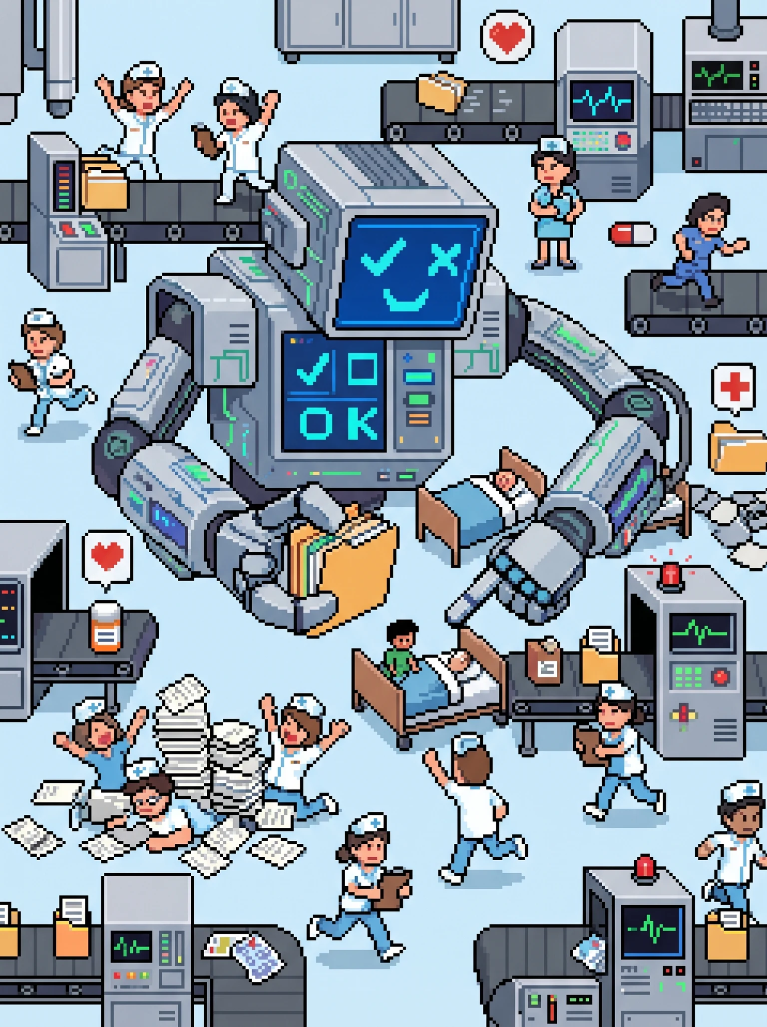tiny nurses and doctors in a hospital frantically trying to keep up with a massive AI robot handling patient files and diagnosing ailments with ease