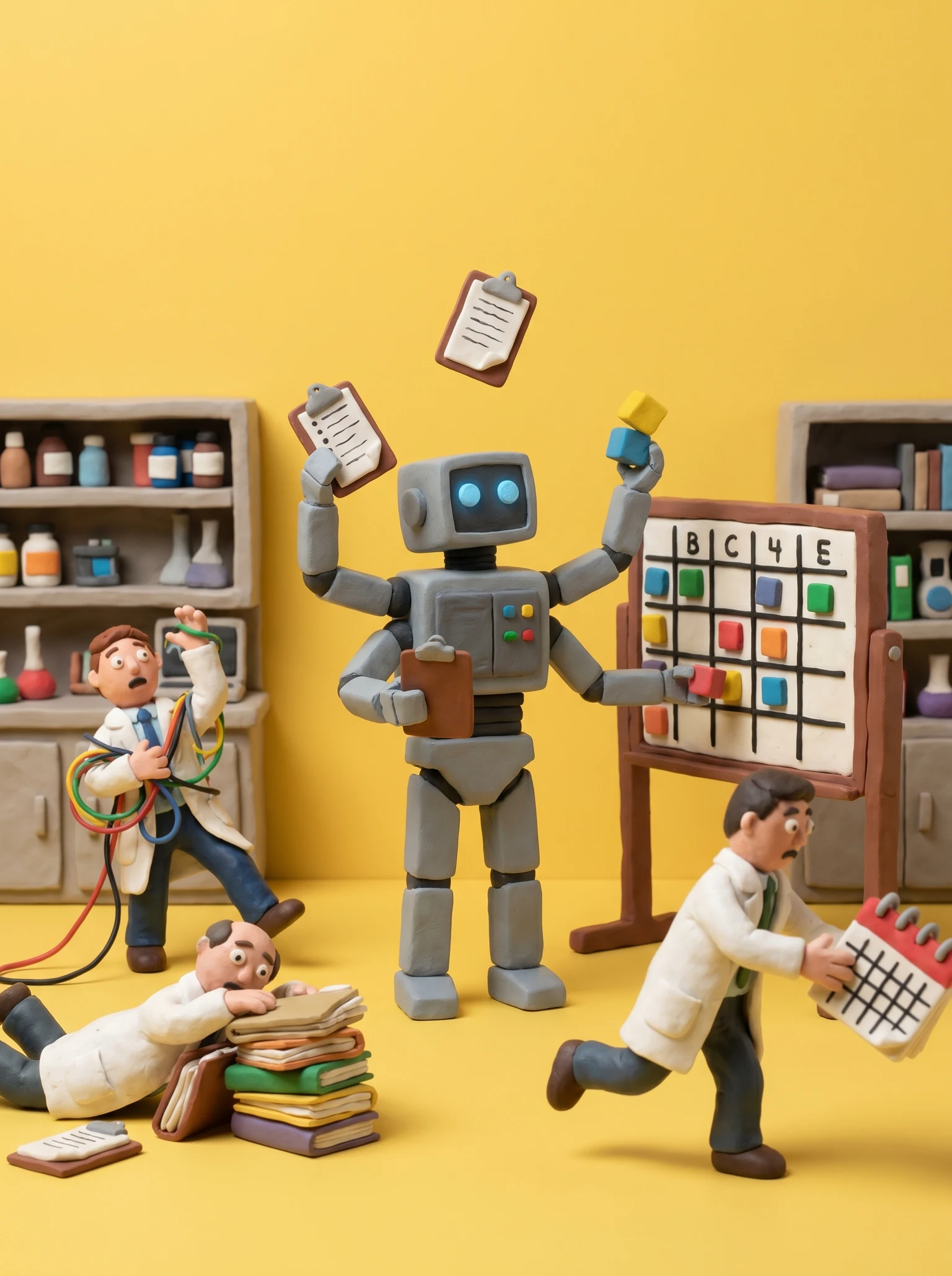 tiny healthcare workers in lab coats frantically trying to keep up with a tiny AI robot managing patient records and scheduling surgeries