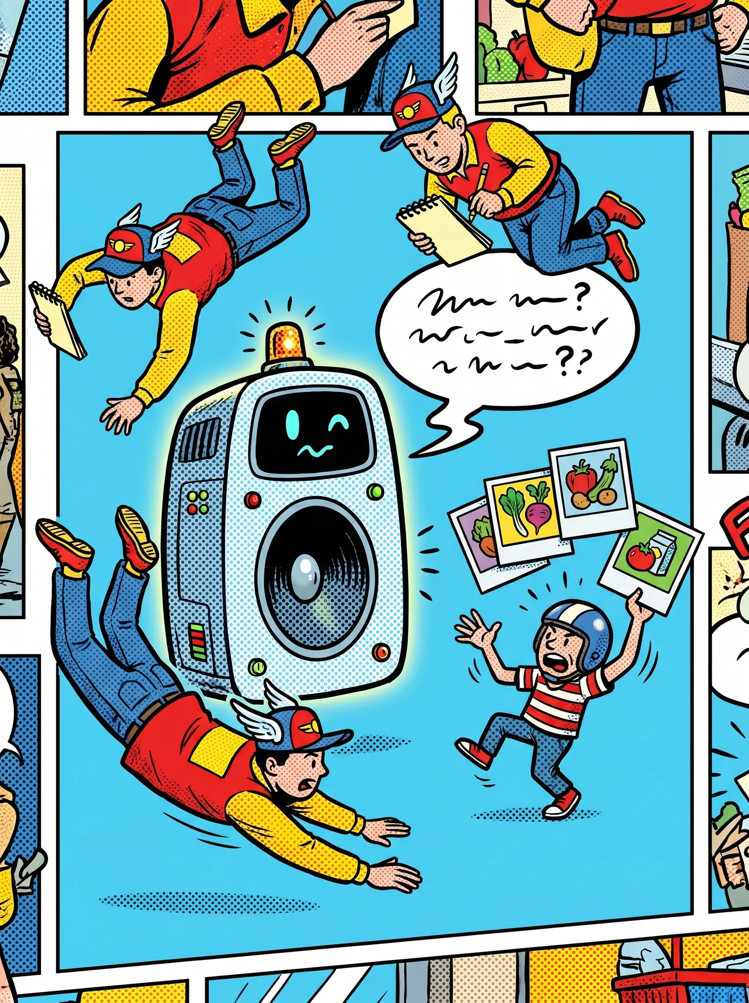 tiny delivery workers frantically trying to take orders from a talking AI chatbot while a tiny customer shows photos of groceries