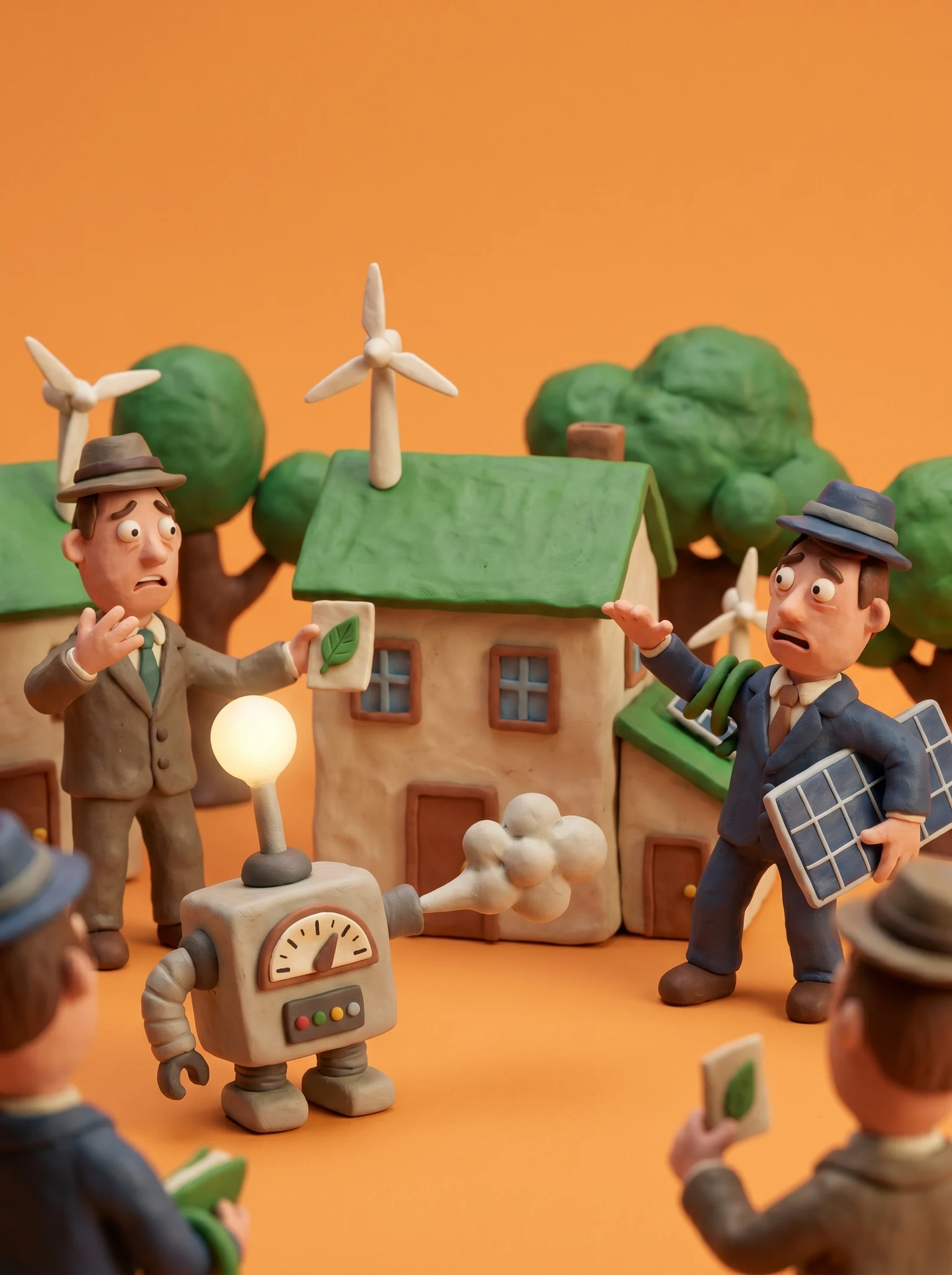 Tiny real estate agents showing eco-friendly properties while a small robot measures carbon footprint
