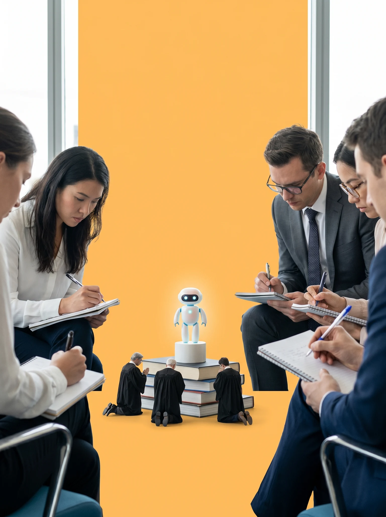 Tiny professors in academic robes worshipping a small open-source coding agent on a pedestal, while students take notes frantically.