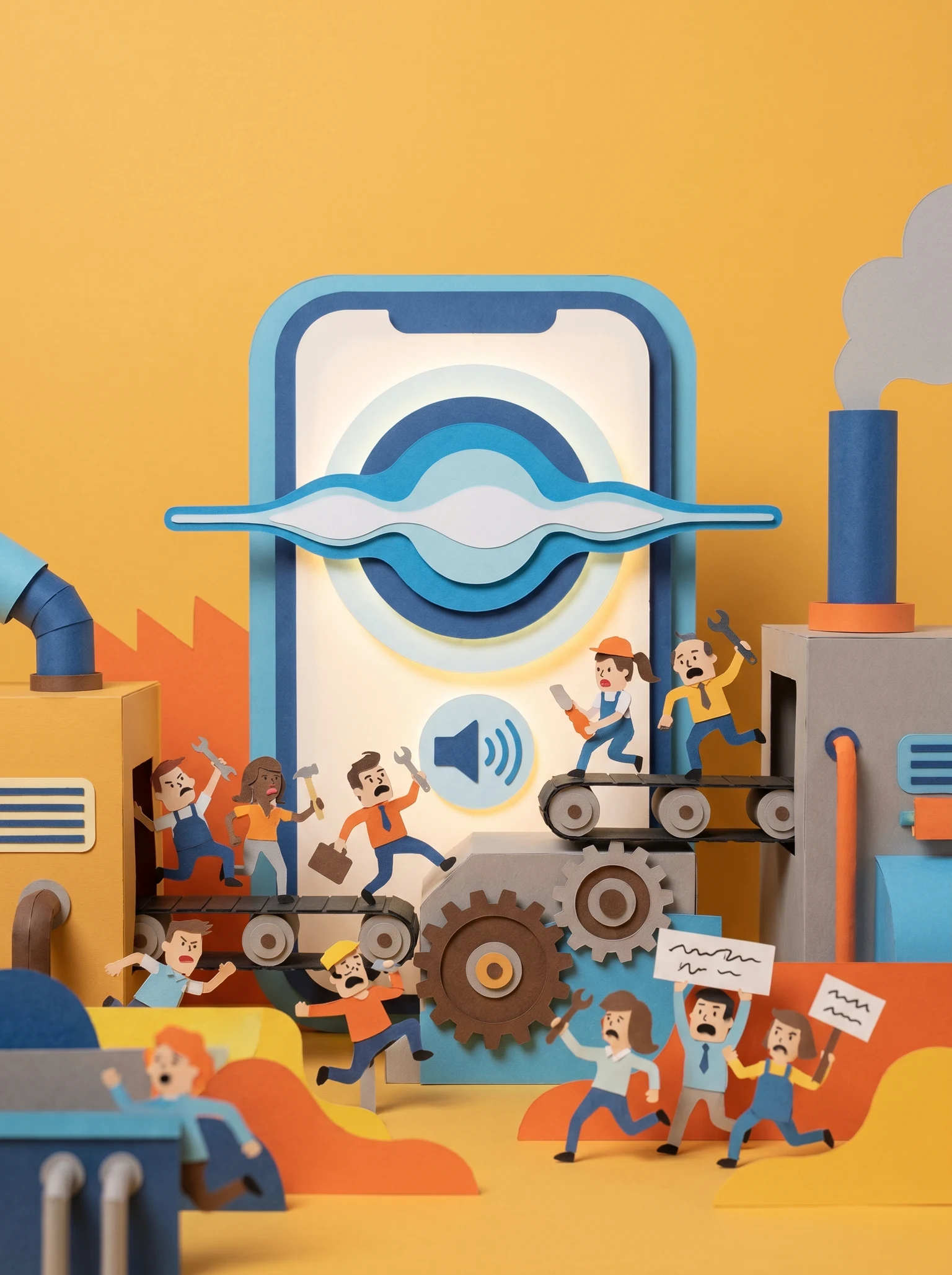 Tiny factory workers panicking as a giant Siri interface tries to take over their production line.