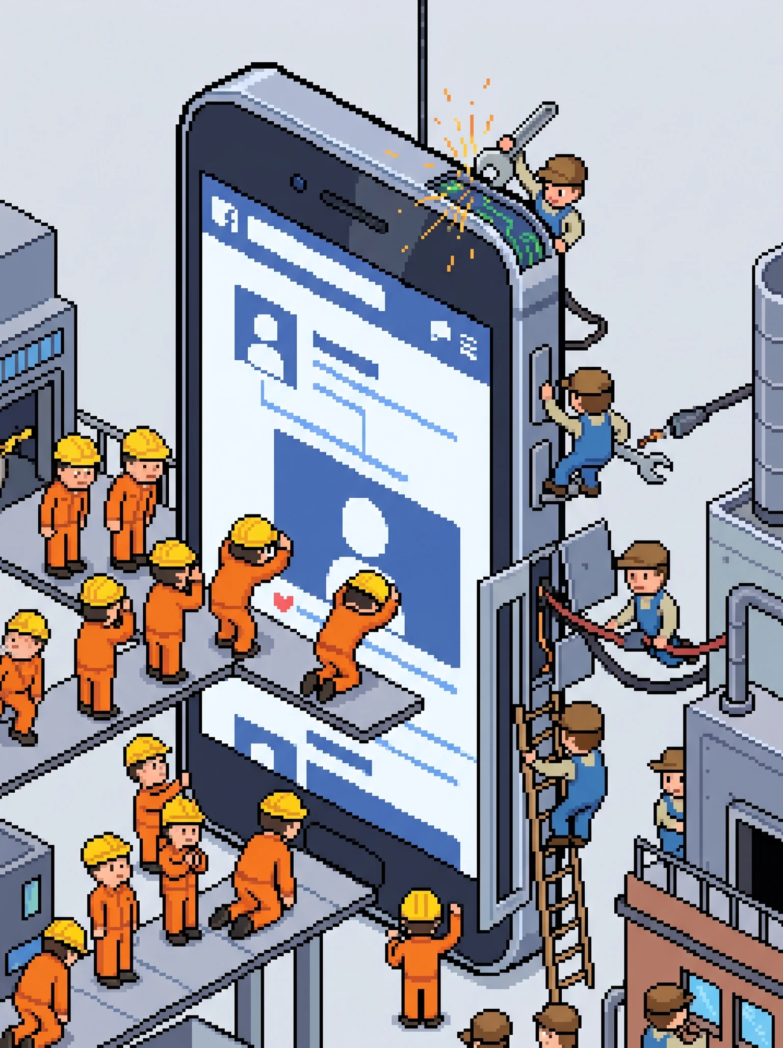 factory workers worshipping a smartphone with LinkedIn