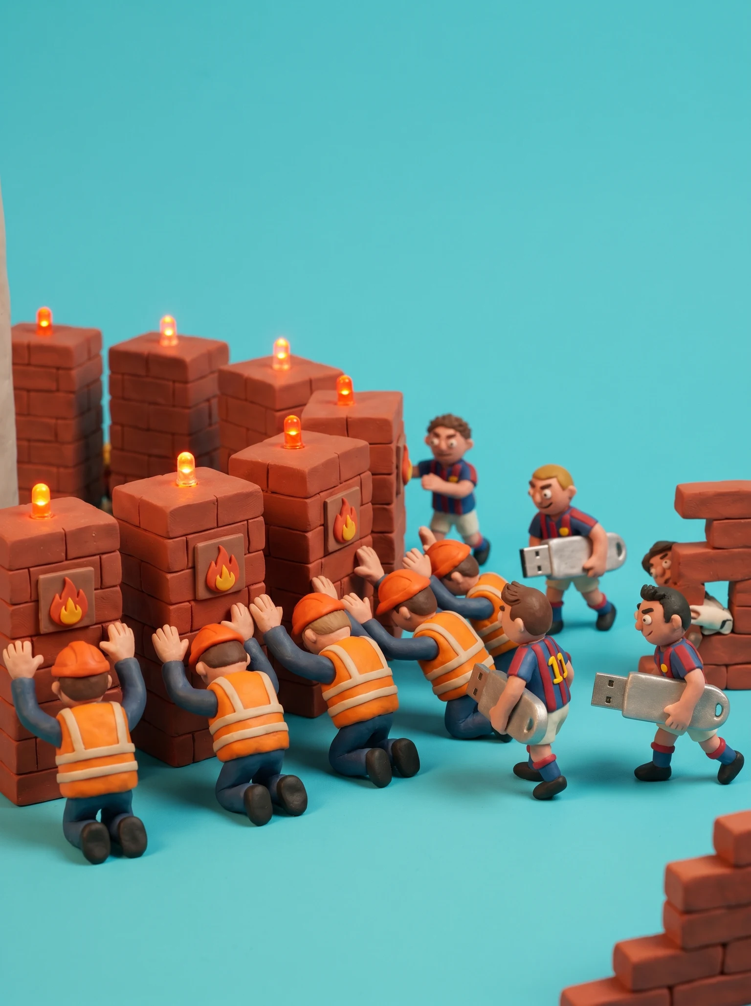 Tiny logistics workers worshipping firewalls while tiny hackers in soccer jerseys try to sneak past them with USB sticks.