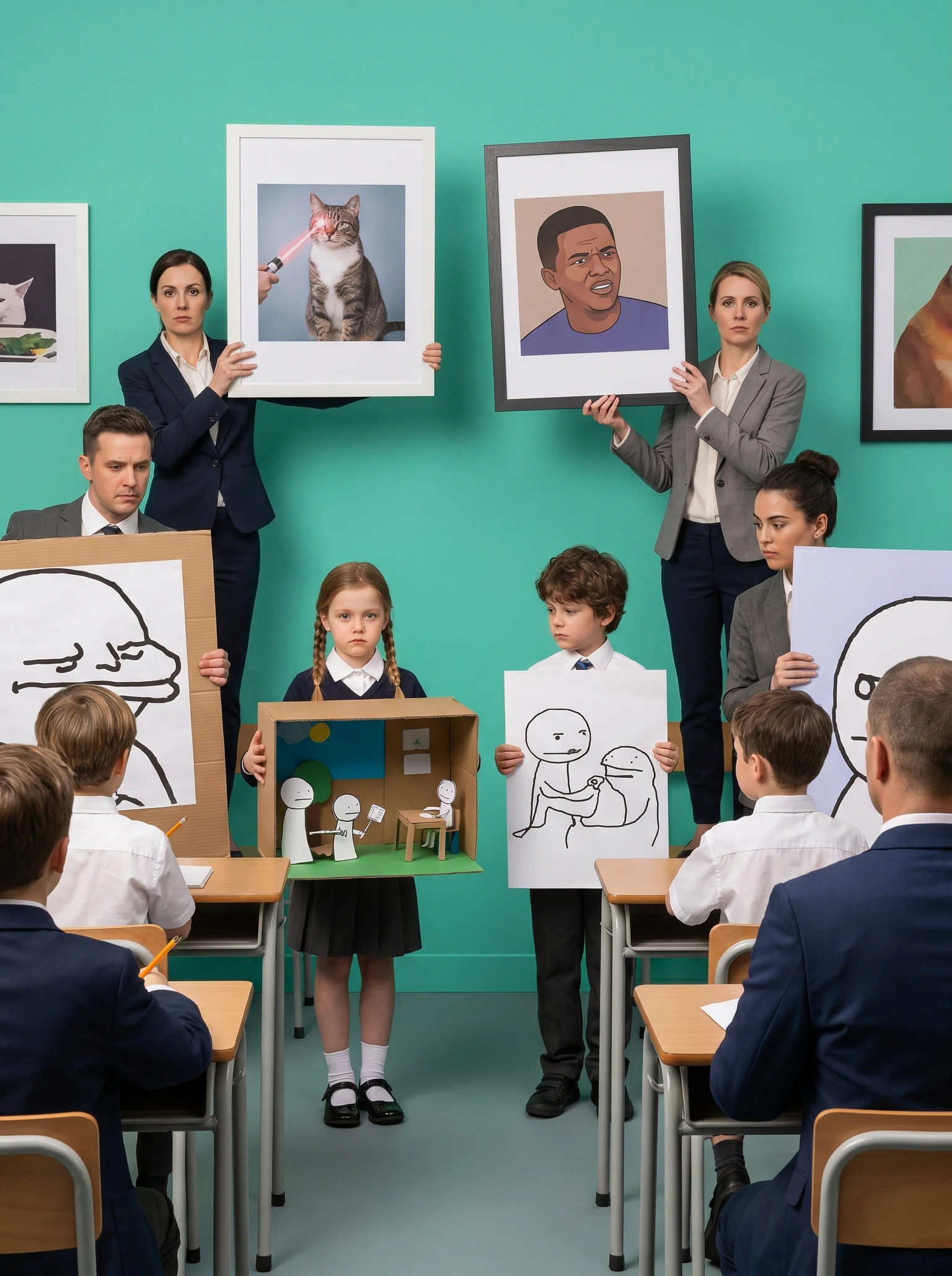 profesores diminutos convirtiendo aulas en museos de memes mientras estudiantes diminutos presentan proyectos de memes