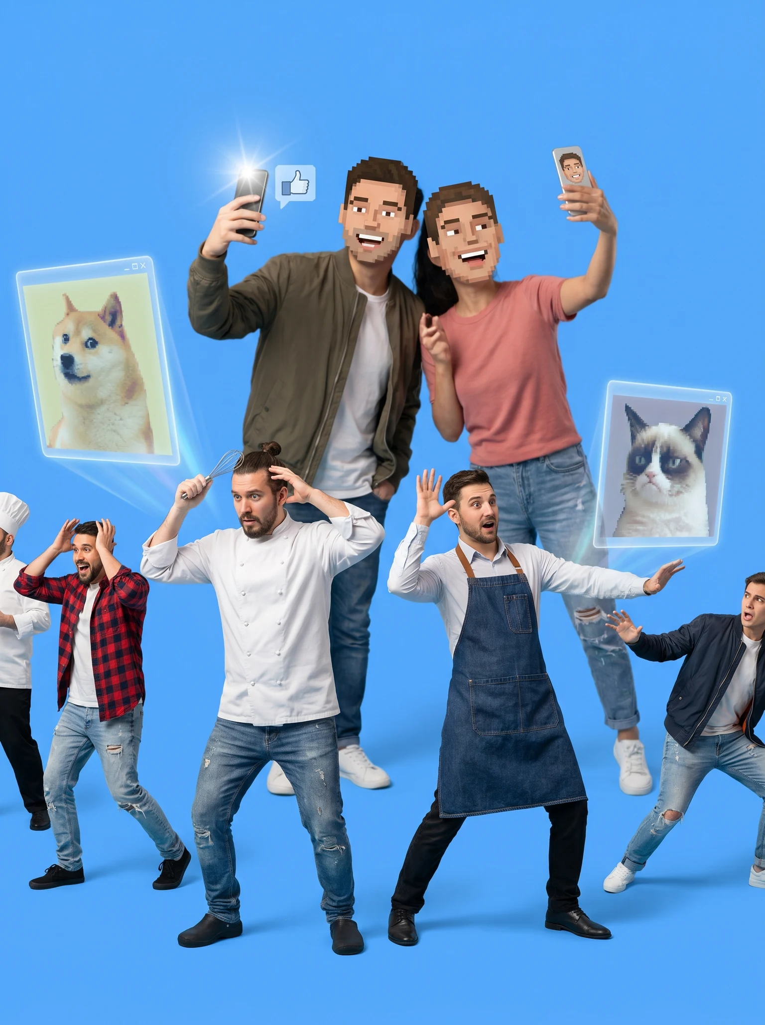 Chefs y camareros diminutos vestidos a la moda de 2016, entrando en pánico mientras los menús holográficos muestran memes retro, mientras los clientes se ríen y toman selfies con filtros pixelados.