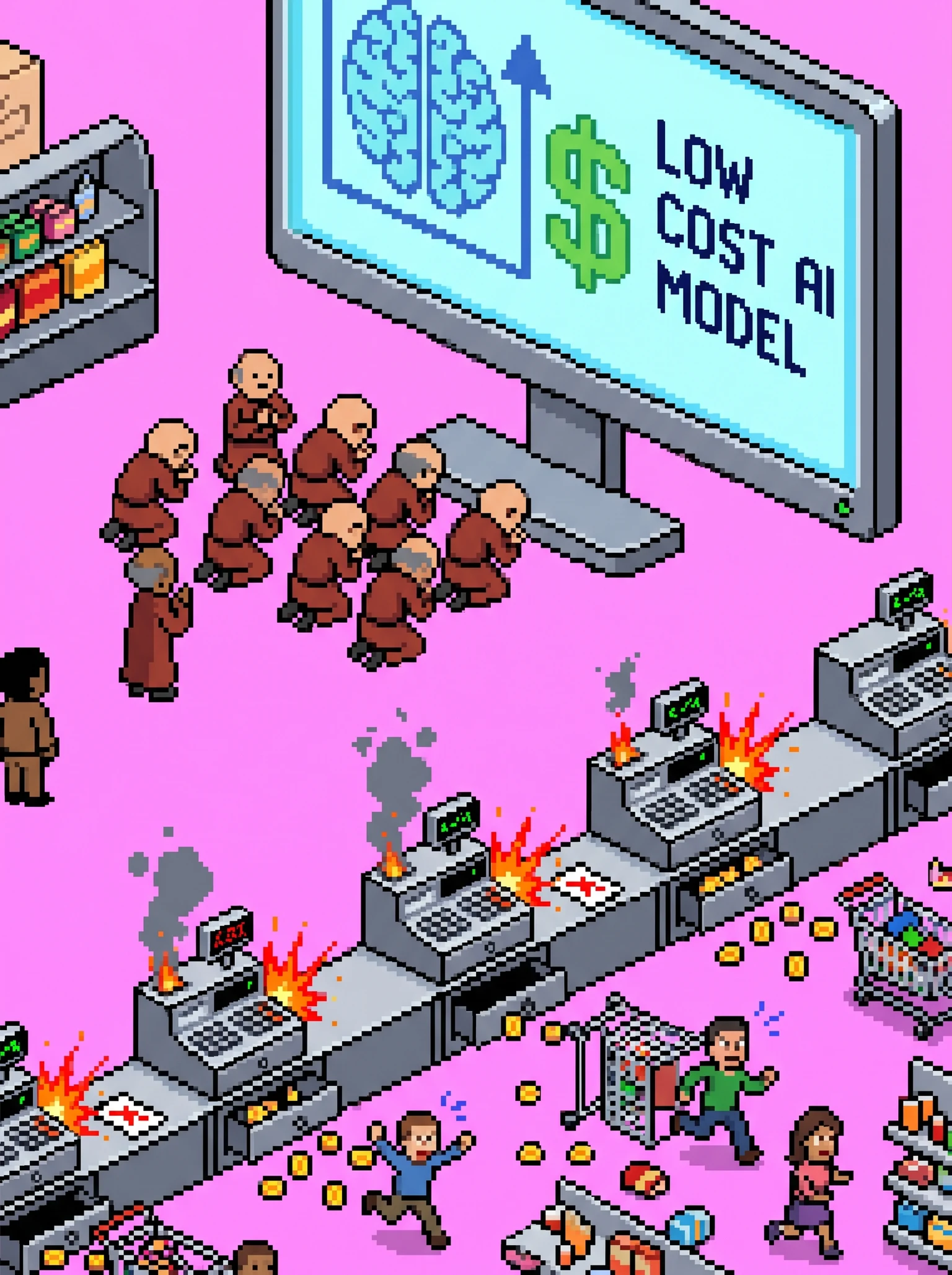 retail workers worshipping a giant computer screen showing low cost AI model while cash registers malfunction in chaos