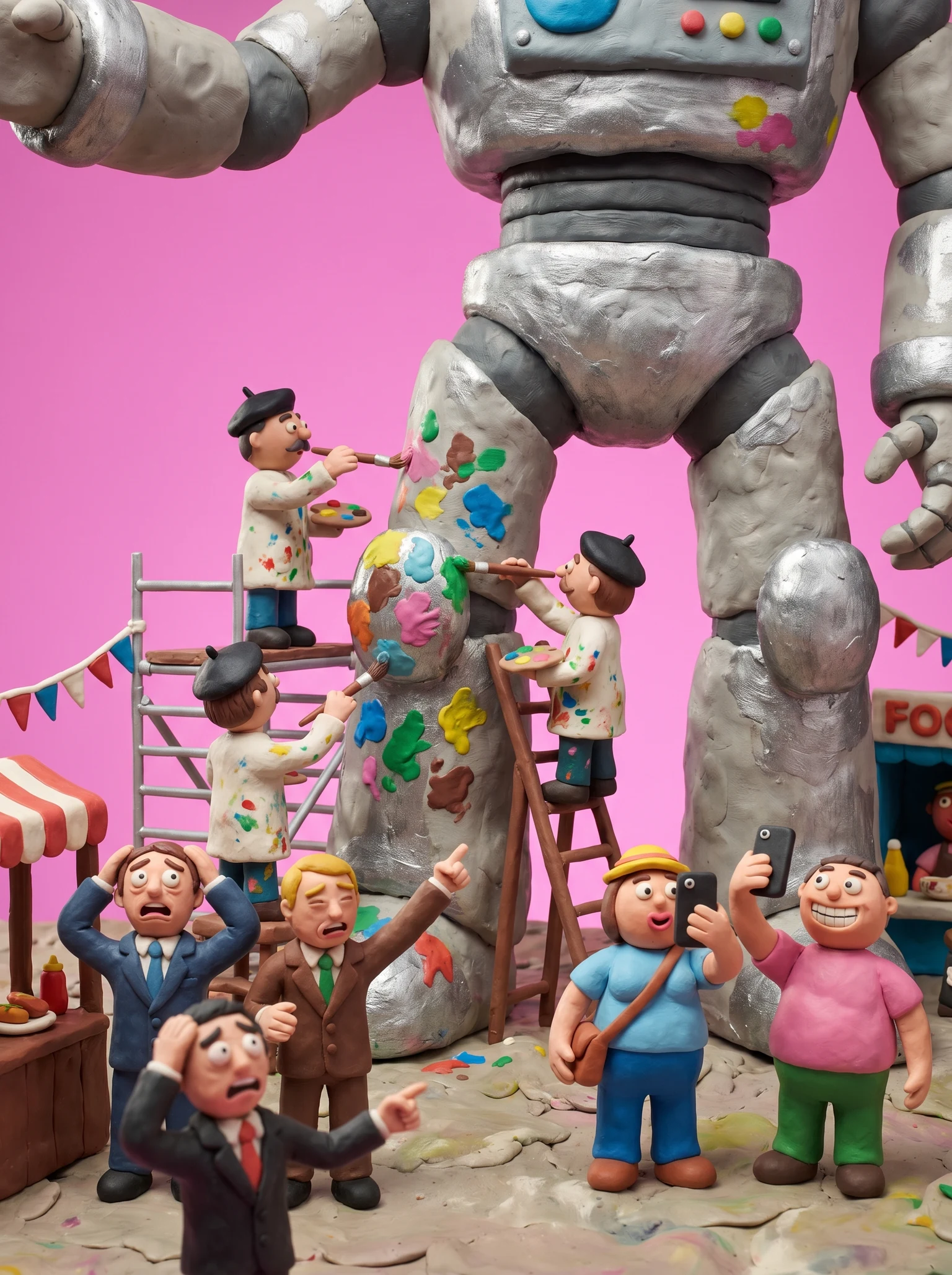 tiny artists painting a giant robot at a cultural festival