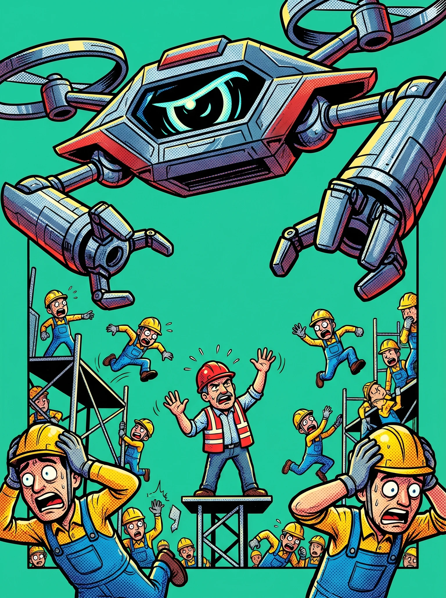 Trabajadores de construcción diminutos en pánico mientras un dron gigante impulsado por IA supervisa un sitio de construcción, mientras un mini capataz intenta calmarlos.