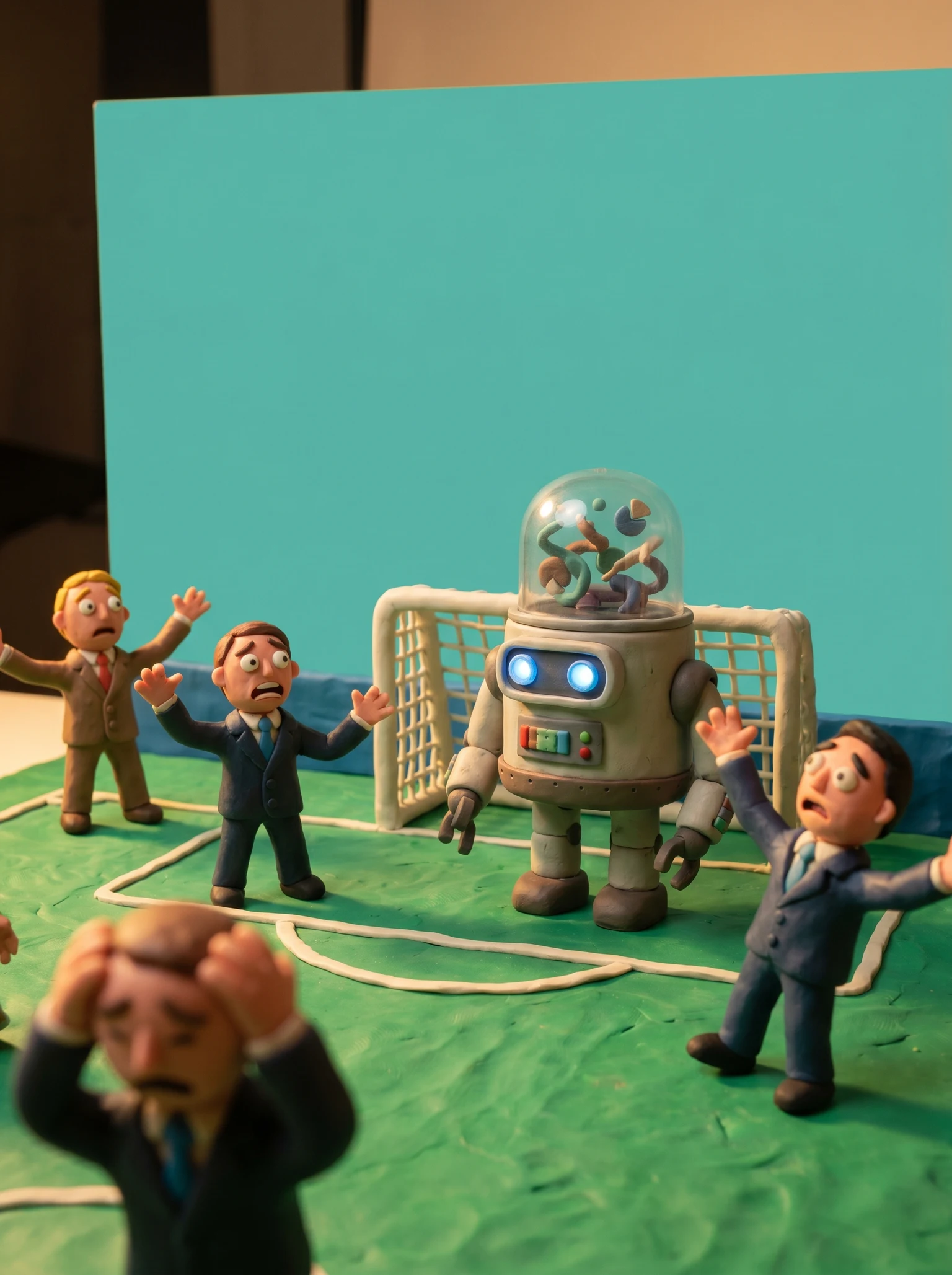 tiny insurance agents panicking while a robot analyzes data on a soccer field