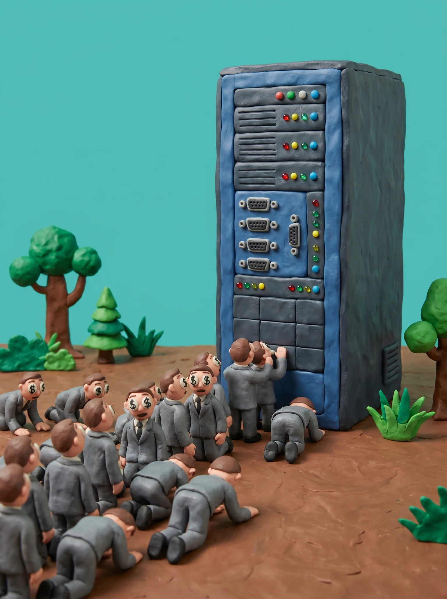 tiny financial advisors lining up to worship a giant Lenovo server with dollar signs in their eyes