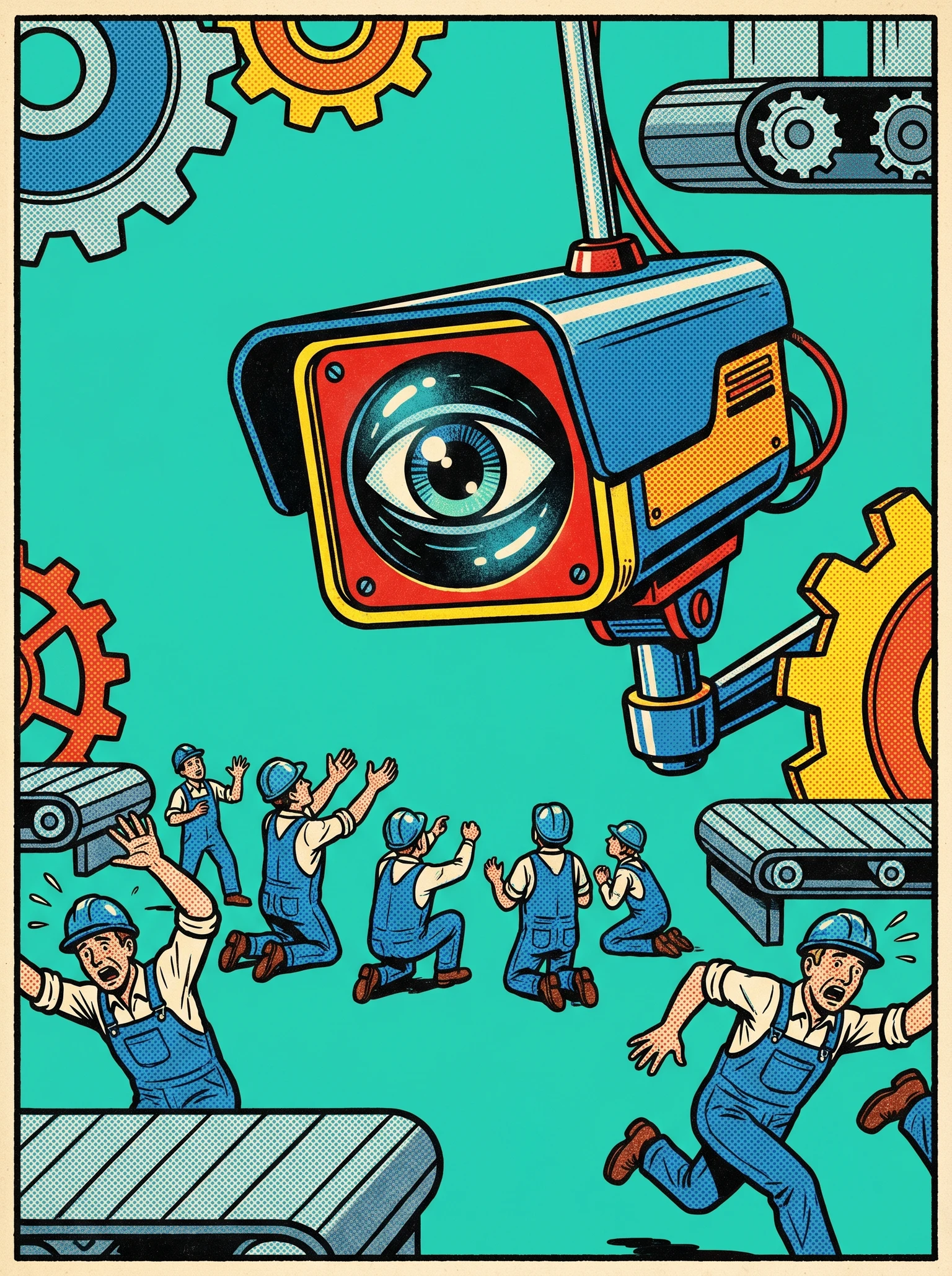 tiny factory workers worshipping a giant AI security camera while others panic and run away