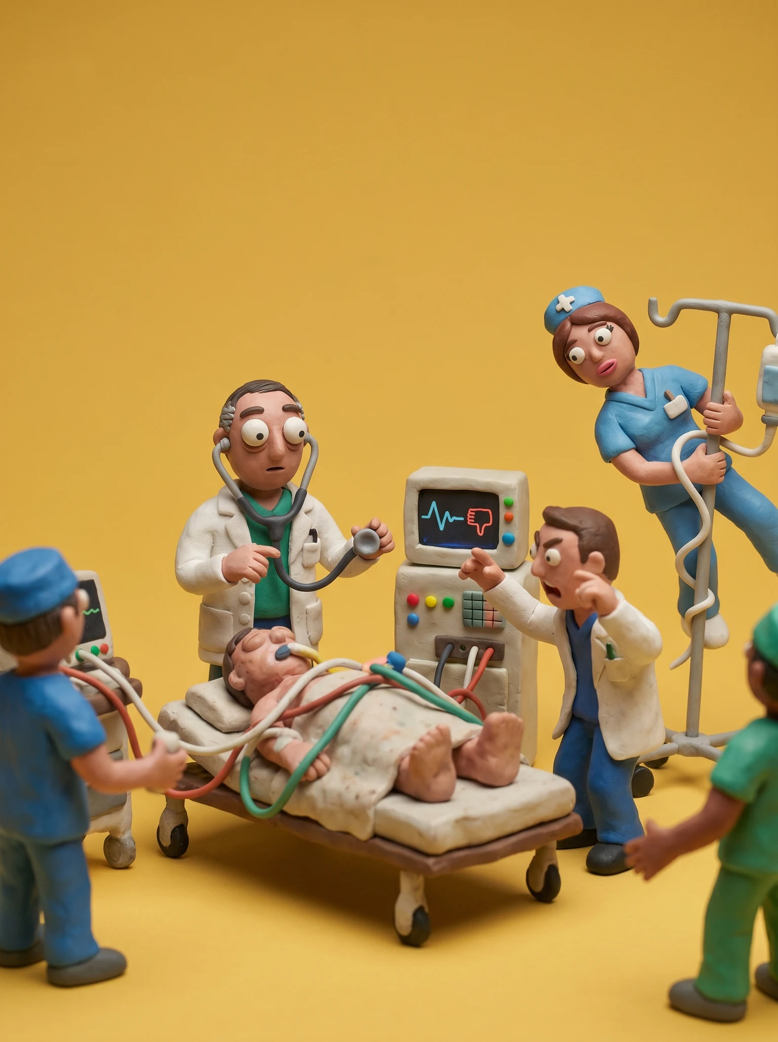 Tiny doctors trying to diagnose while a small AI machine predicts medical outcomes on a screen.