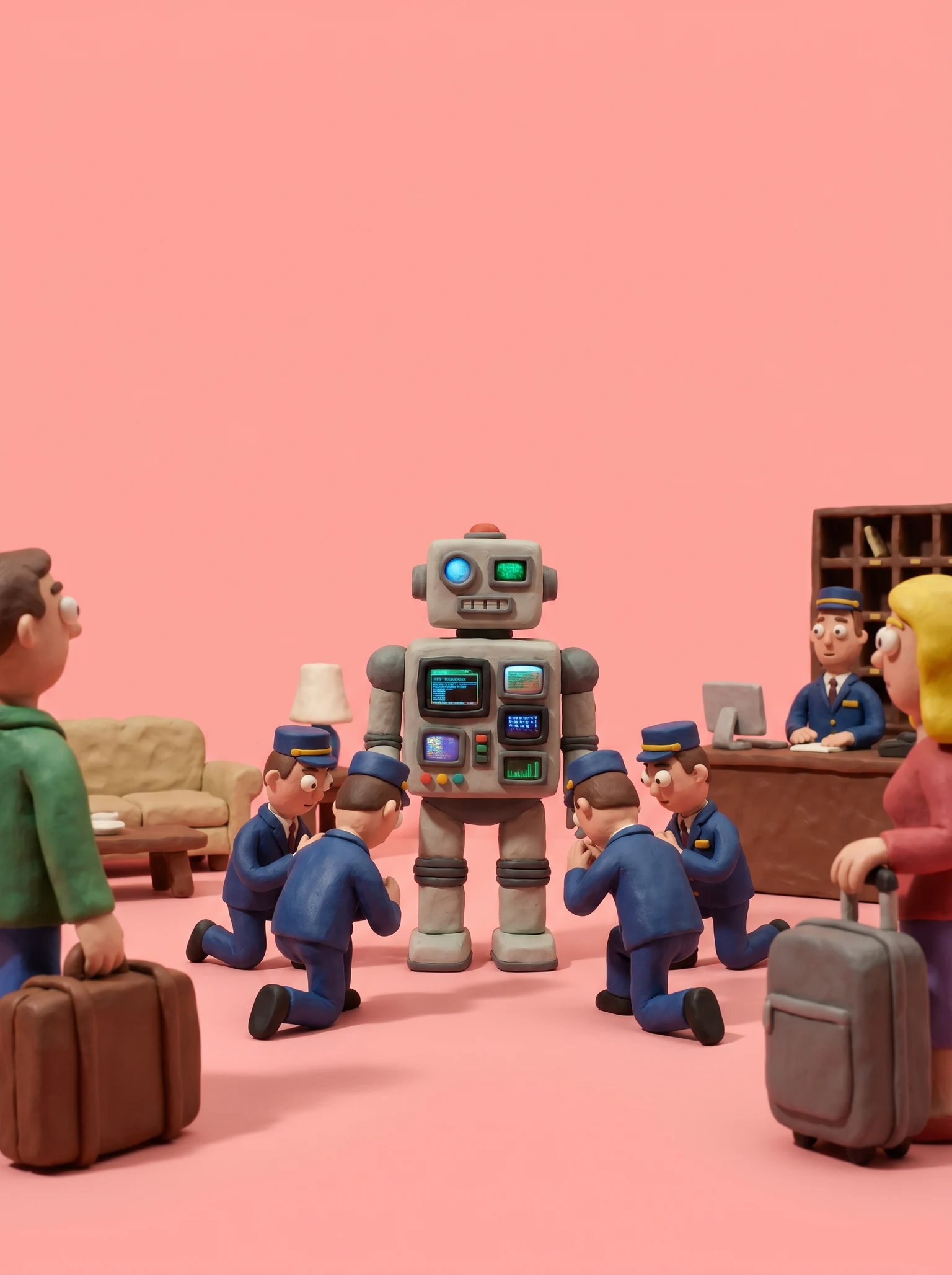 Tiny hotel staff worship a multilingual robot concierge while guests with suitcases look on in awe.