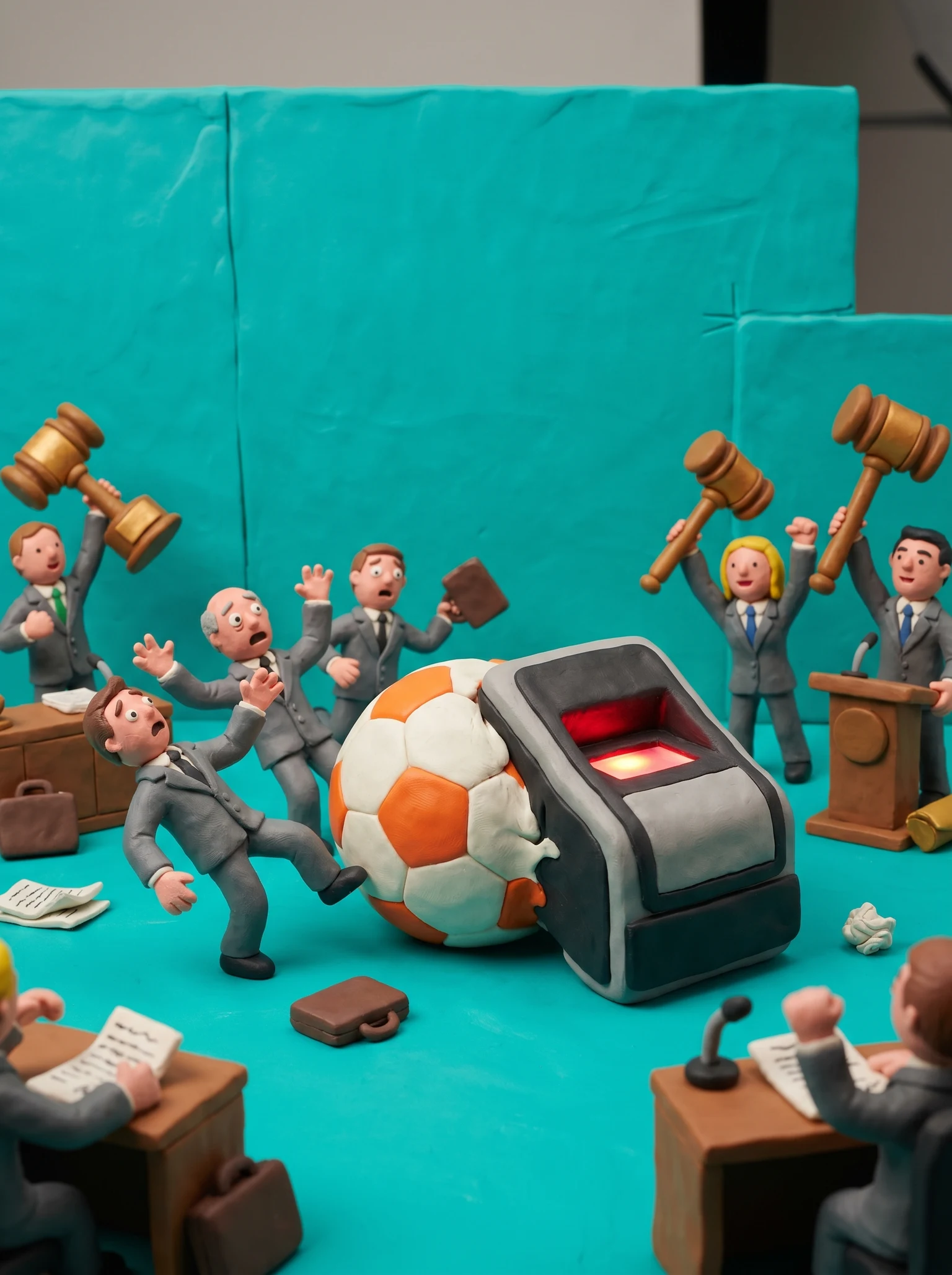 tiny lawyers panicking as a soccer ball transforms into a digital passport scanner; others celebrate with gavel-shaped trophies