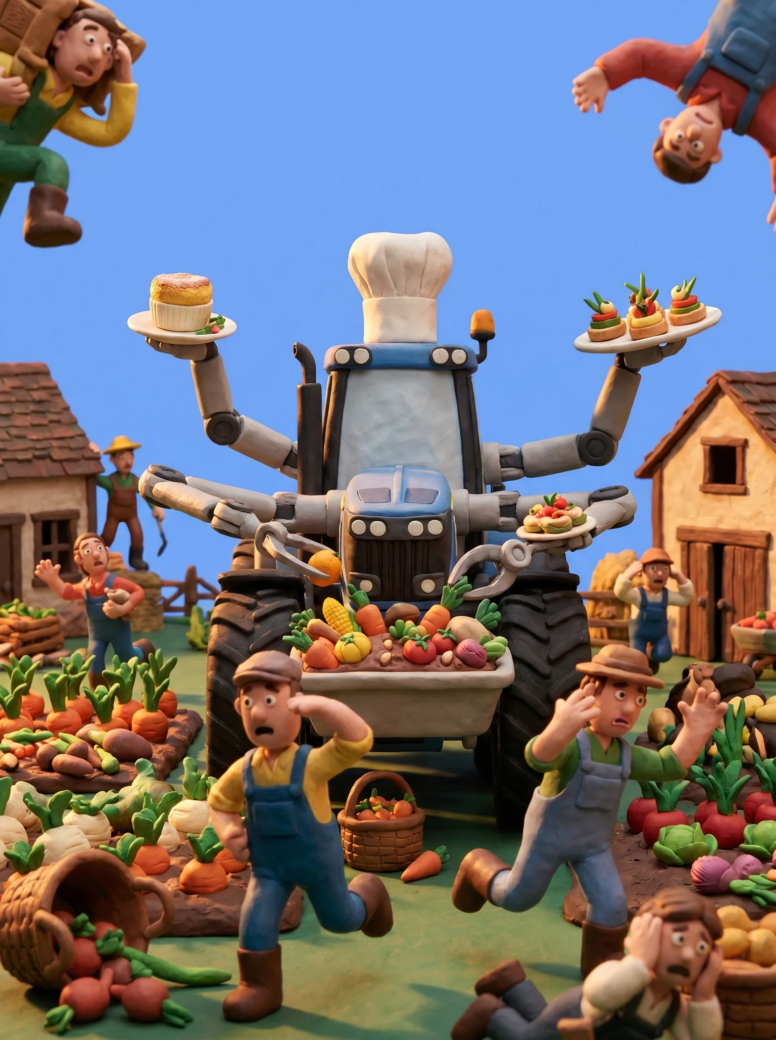 Um grupo de agricultores diminutos e chefs em pânico enquanto um trator gigante movido a IA prepara pratos gourmet com suas colheitas.