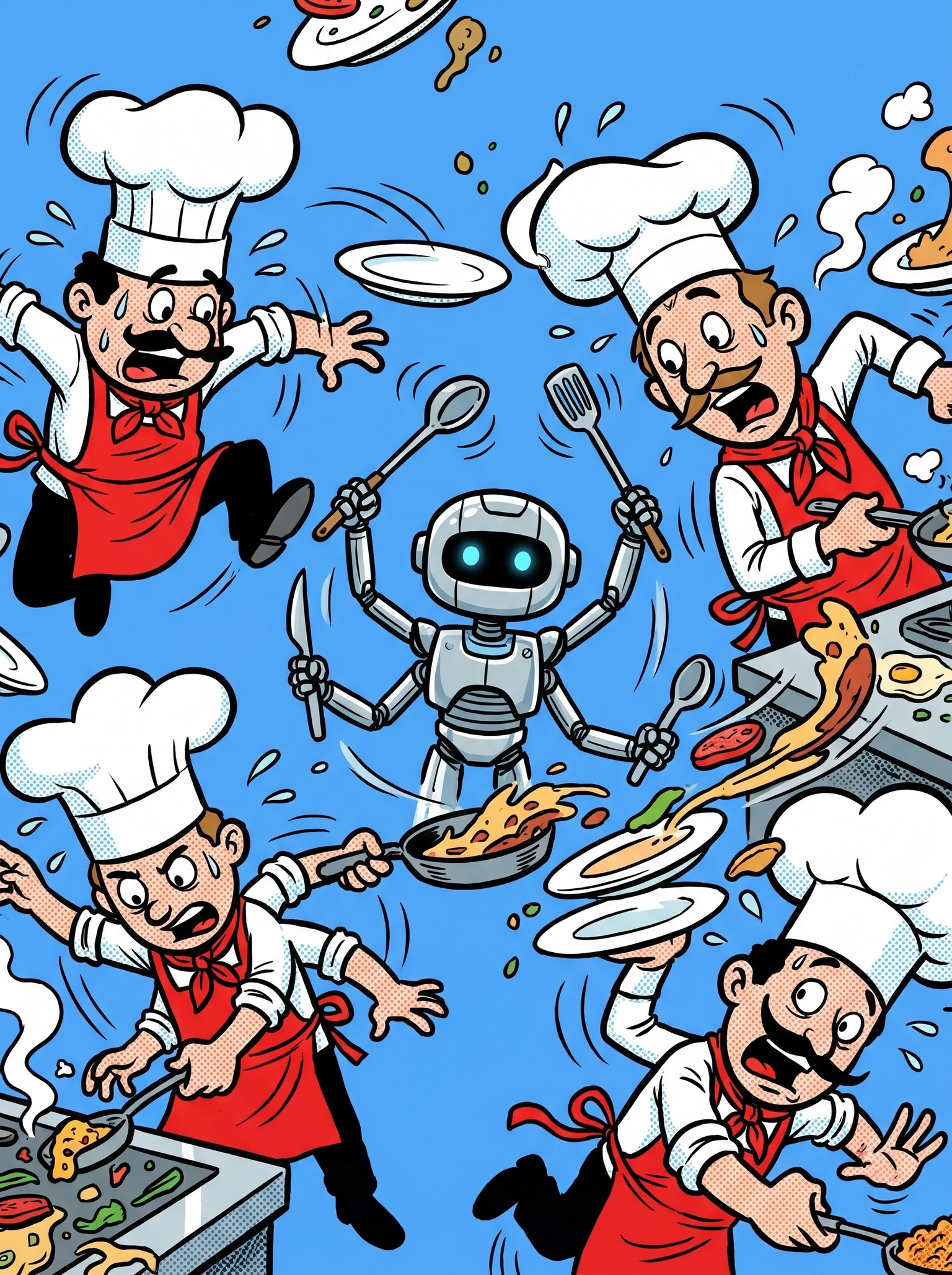 chefs diminutos y meseros tratando frenéticamente de seguir el ritmo de un pequeño robot de IA que prepara platos cuatro veces más rápido que ellos