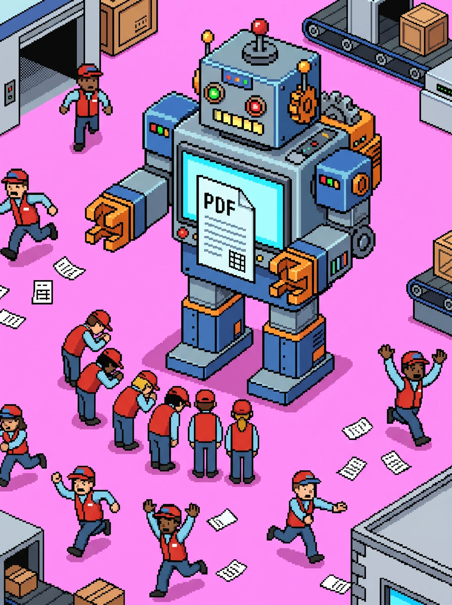 tiny retail workers bowing to a giant robot generating a PDF document; others are in panic, scattering invoices