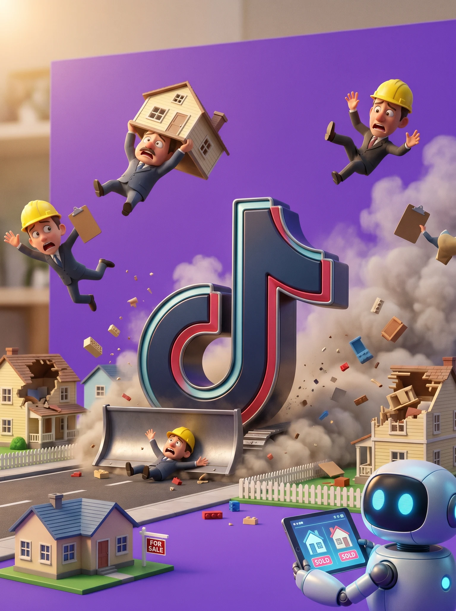 agentes inmobiliarios diminutos en pánico mientras un logo gigante de TikTok arrasa con un vecindario y un pequeño robot vende casas en línea