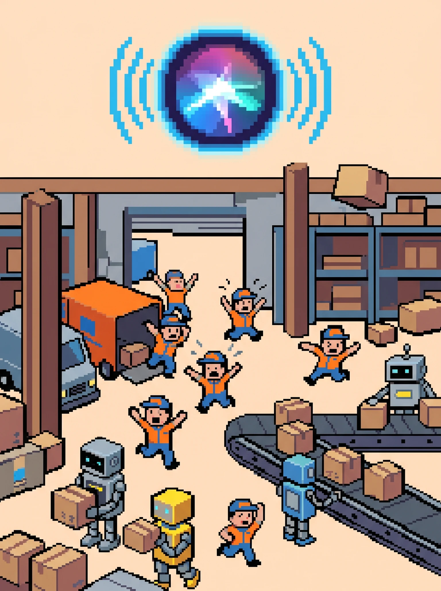 tiny delivery drivers in panic over a large Siri icon above a warehouse