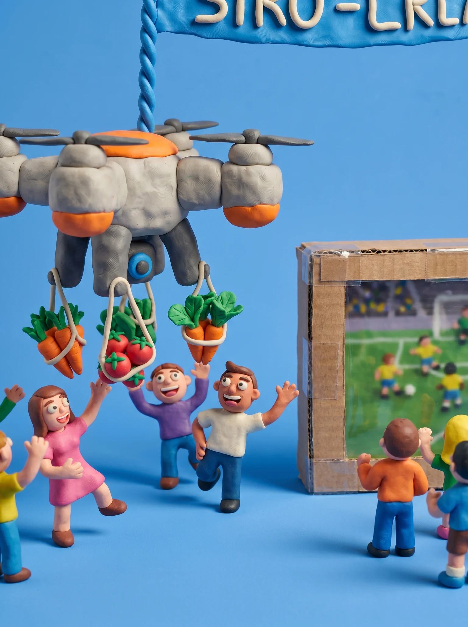tiny farmers celebrating with a giant drone delivering fresh produce while others watch a soccer match on a big screen