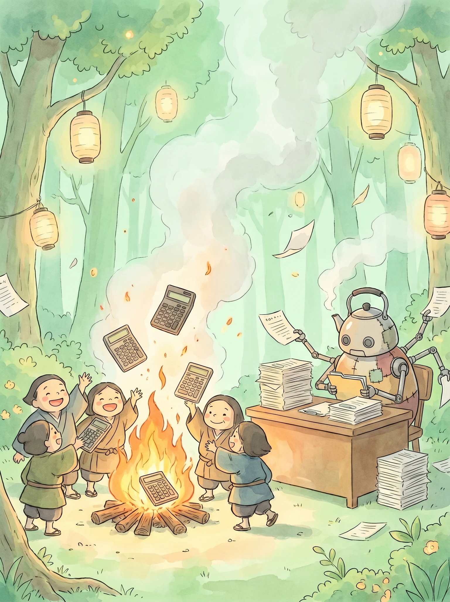 tiny accountants throwing calculators into a bonfire while a small robot files their tax reports