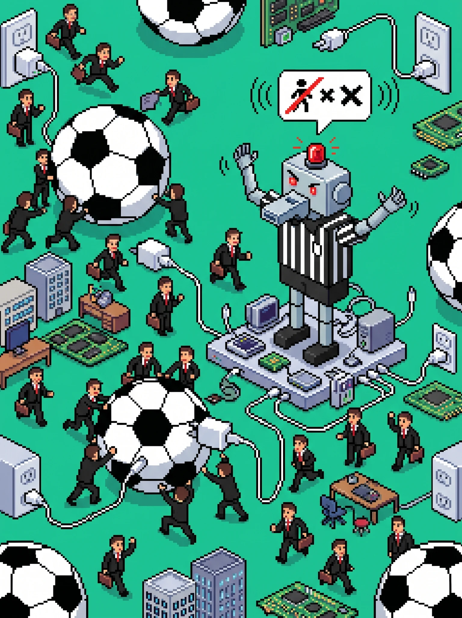 tiny lawyers frantically charging soccer balls while a referee robot shouts 'offside' repeatedly