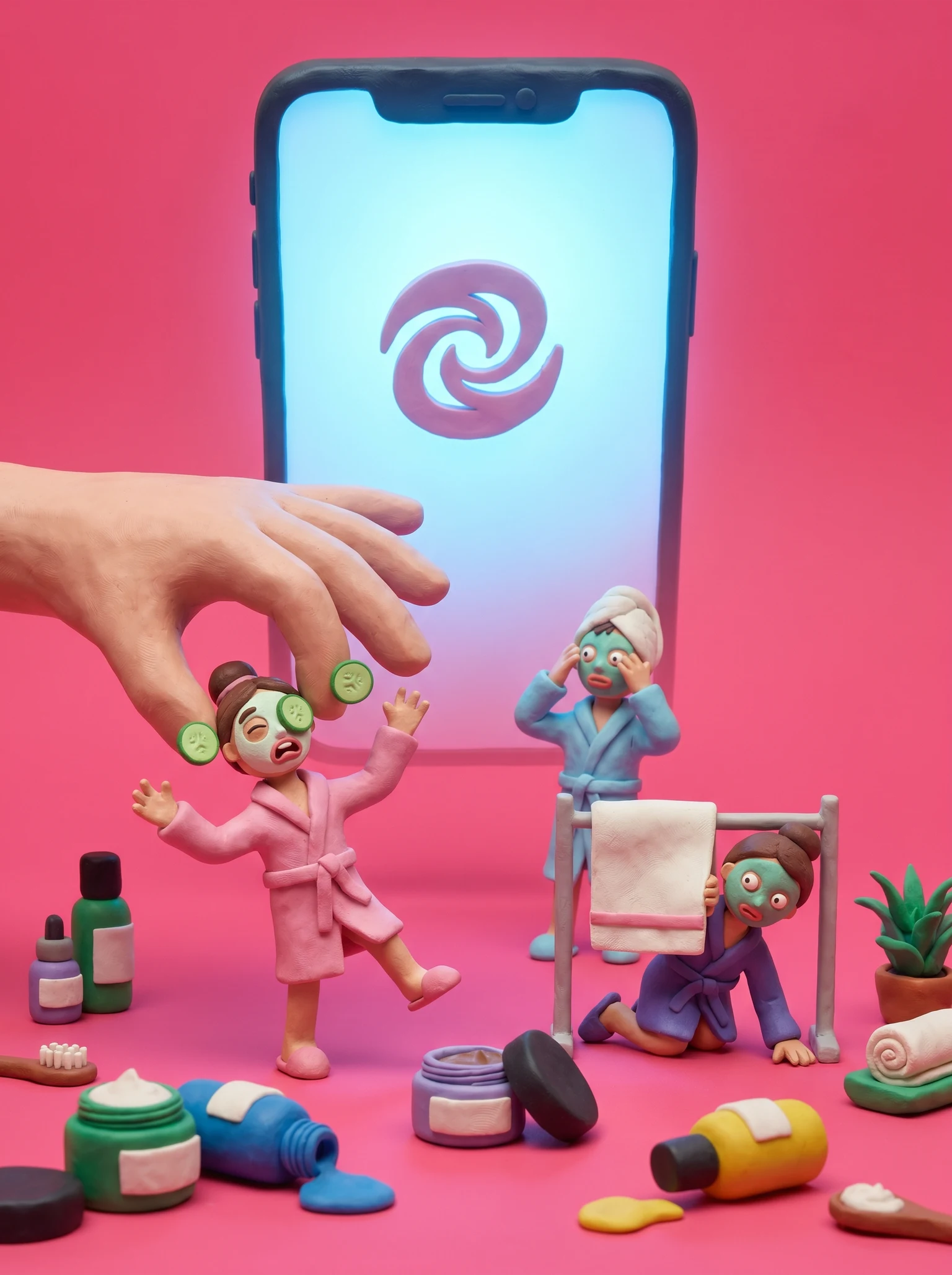 tiny beauty influencers in panic as a smartphone with TikTok app overshadows their spa treatments